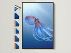 A captivating octopus art print graces a wall within a brown frame. This marine animal artwork adds a coastal touch to any space. Frame options are displayed beside it. Discover the perfect sea canvas for your home decor. Teal blue artwork brings the ocean's beauty indoors.