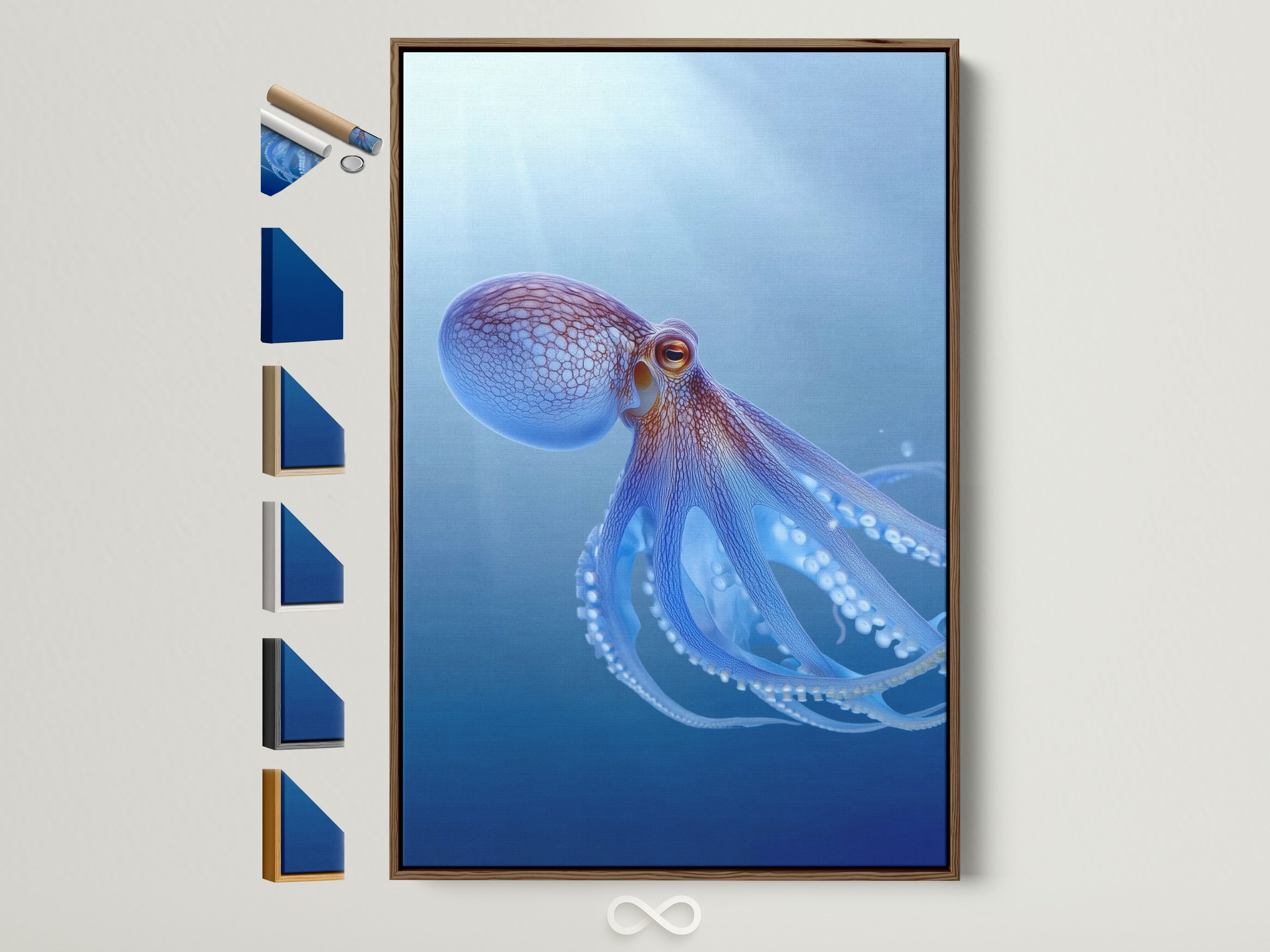A captivating octopus art print graces a wall within a brown frame. This marine animal artwork adds a coastal touch to any space. Frame options are displayed beside it. Discover the perfect sea canvas for your home decor. Teal blue artwork brings the ocean's beauty indoors.
