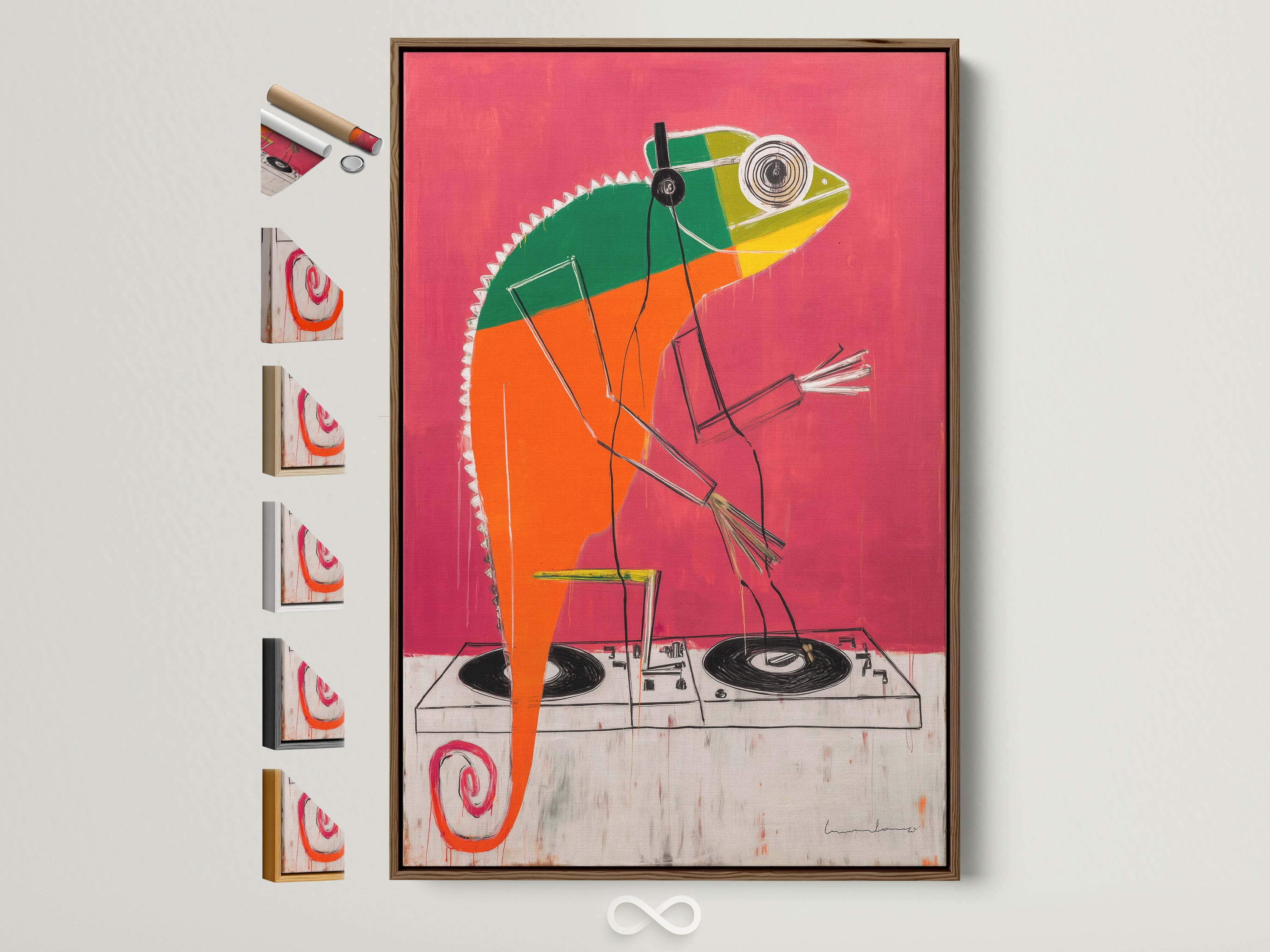 DJ Chameleon artwork with a brown frame. This colorful animal wall art features a retro music poster aesthetic. All frame options are displayed. Ideal for adding a pop of art to any studio decor.