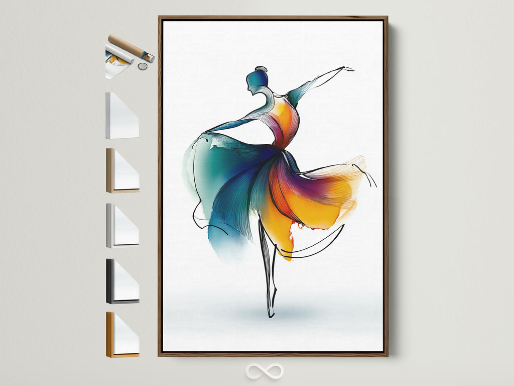 A brown frame displays a beautiful ballet dancer artwork. The art features abstract watercolor strokes in blue and orange. Frame options are showcased on the side. Perfect for dance studio art and home decor.