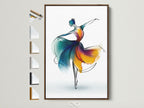A brown frame displays a beautiful ballet dancer artwork. The art features abstract watercolor strokes in blue and orange. Frame options are showcased on the side. Perfect for dance studio art and home decor.