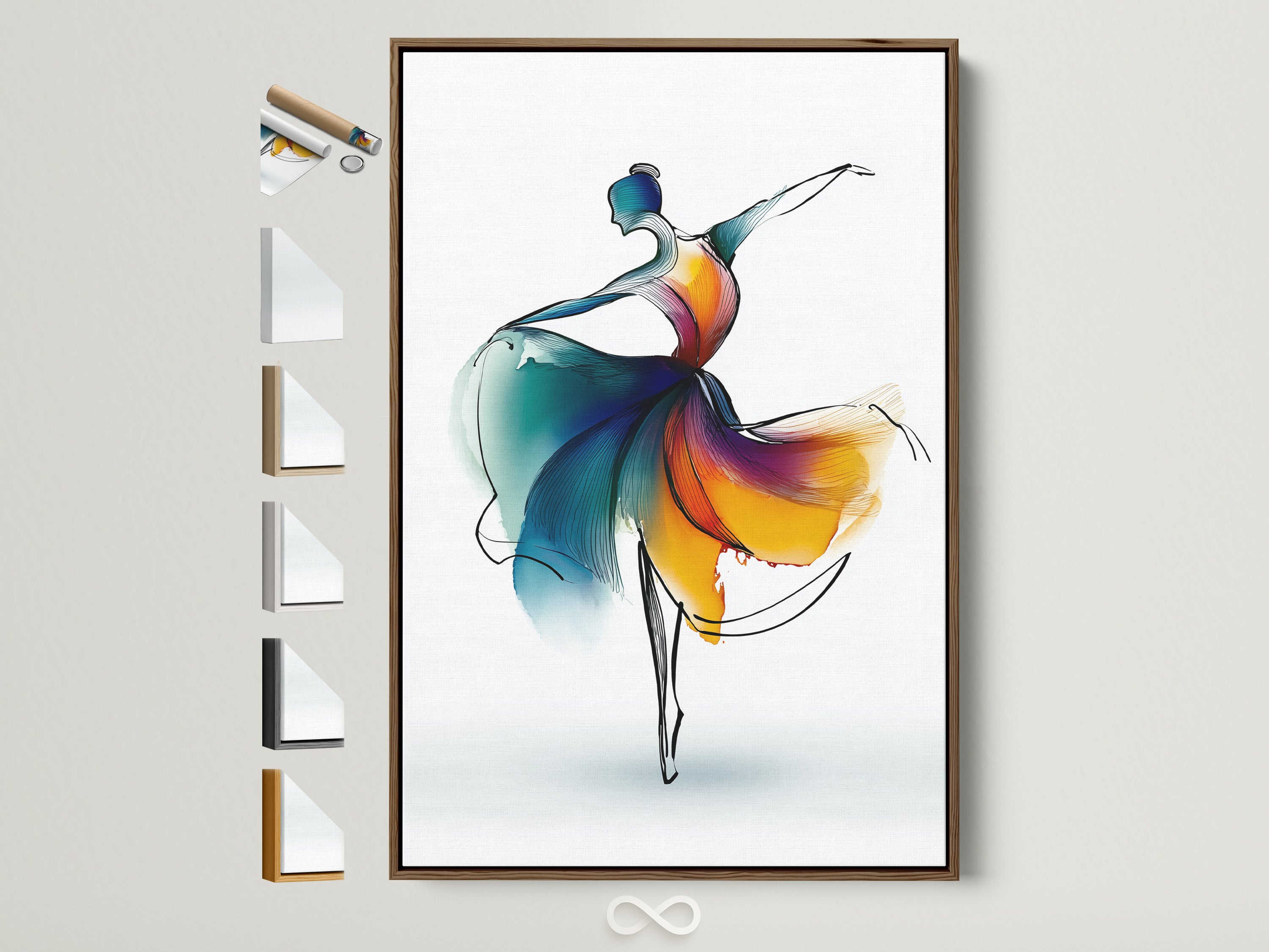 A brown frame displays a beautiful ballet dancer artwork. The art features abstract watercolor strokes in blue and orange. Frame options are showcased on the side. Perfect for dance studio art and home decor.