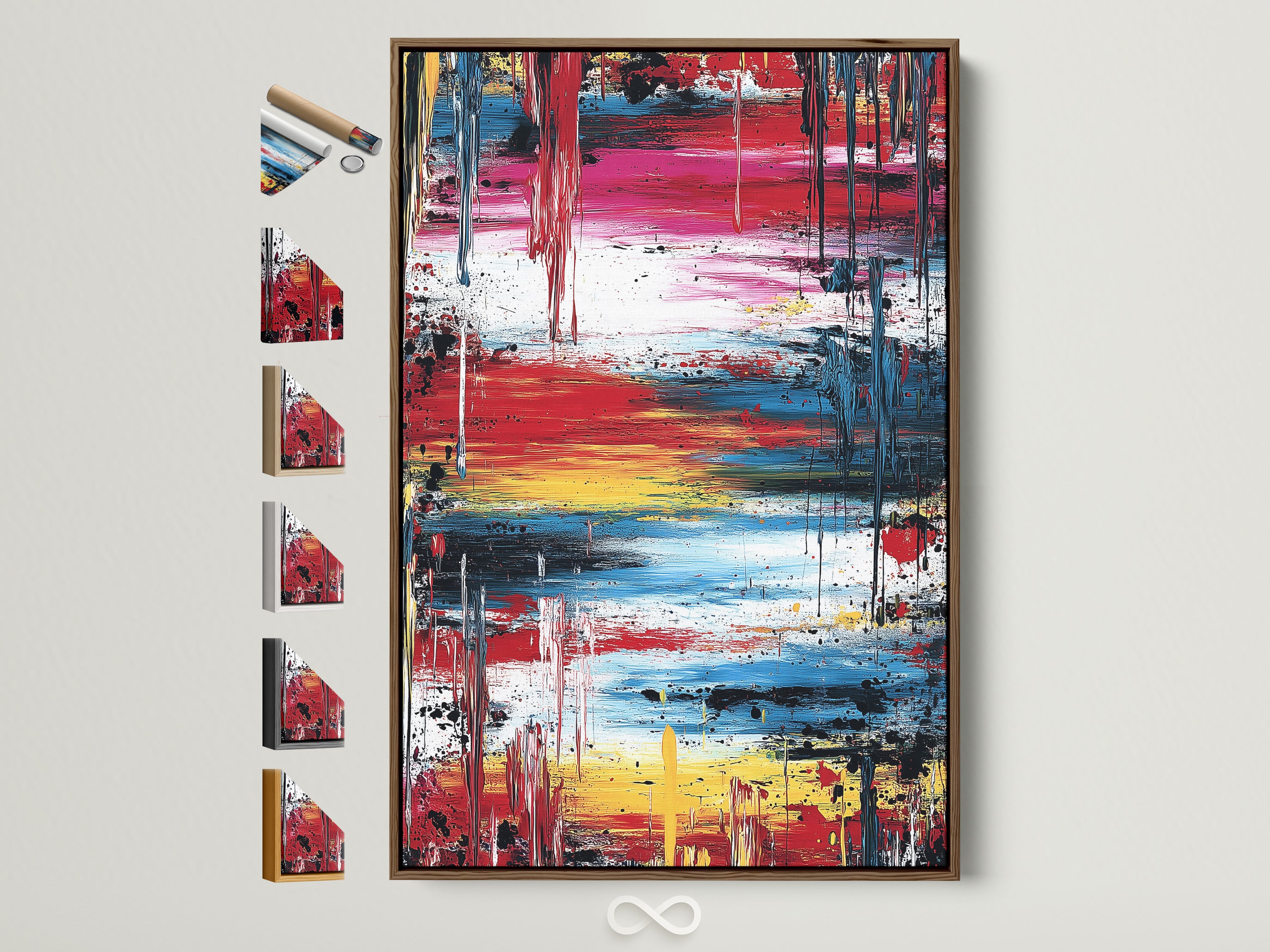 Modern artwork with red blue and yellow paint strokes in a brown frame. This abstract expressionist piece adds a contemporary colorful touch to any room. See all frame options. Perfect for office decor or a living room focal point.