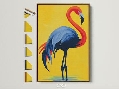 Framed flamingo artwork in a brown frame. This vibrant art piece features red blue and yellow hues. The artwork is displayed with various frame options showcasing its versatility. A colorful addition to any room.