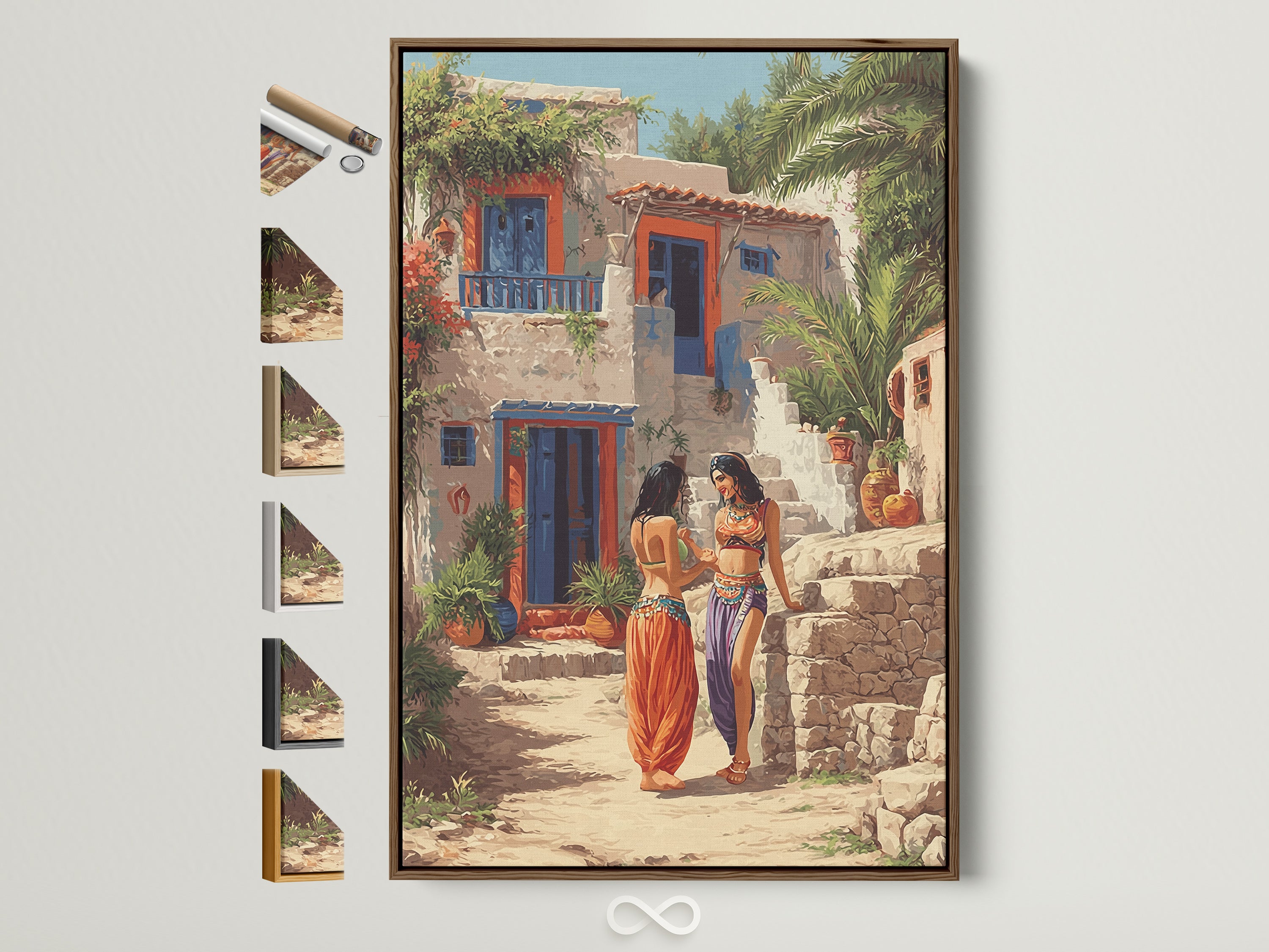 Mediterranean Women artwork in a brown frame. Frame options are displayed on the side. This bohemian wall art features teal blue and orange artwork. It will elevate your home decor with a unique travel art print. The figures print adds a colorful touch to any room. Perfect for eclectic and globally-inspired styles.