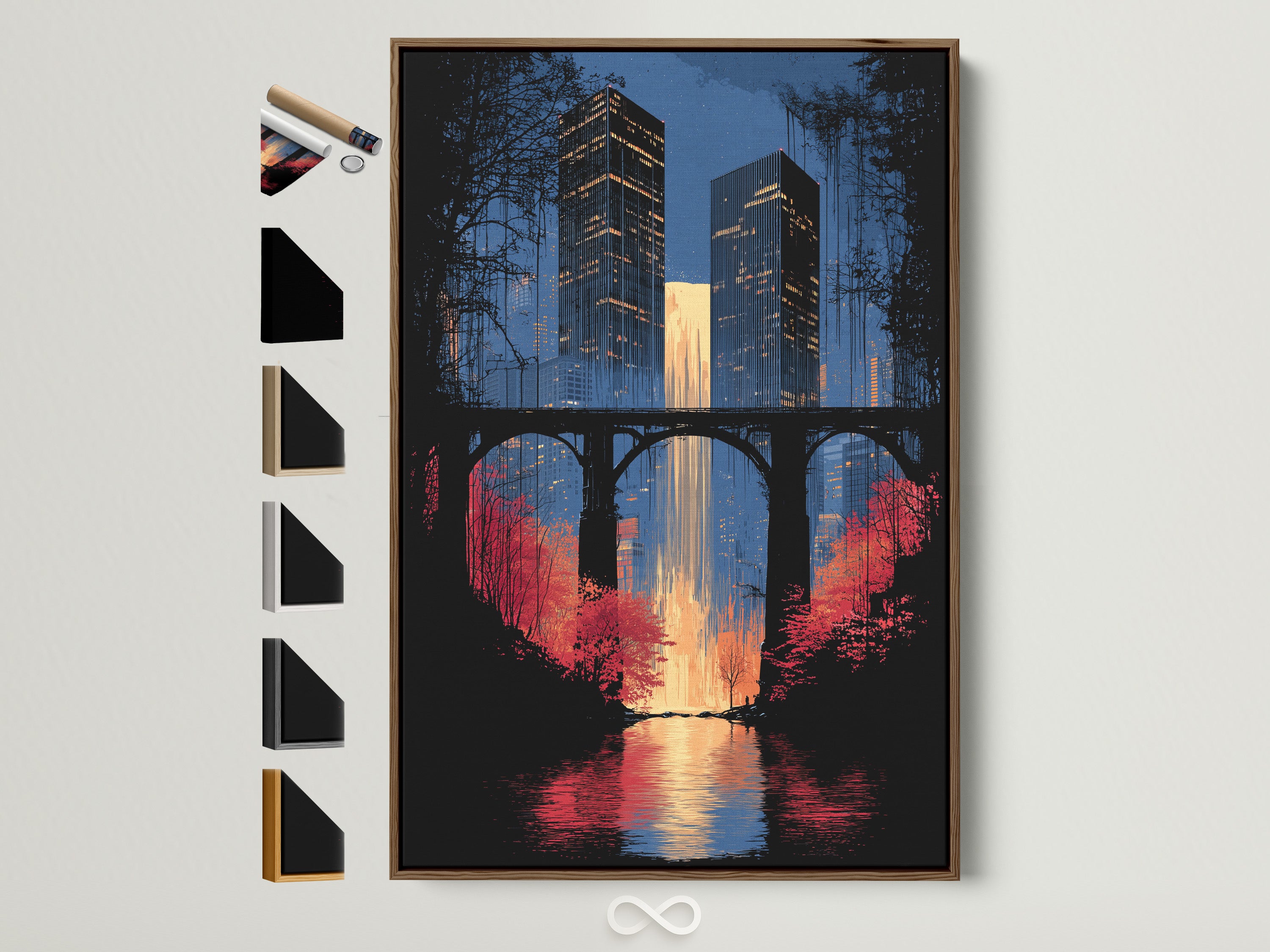City Skyline artwork with a brown frame. It features a serene urban waterfall art reflecting light. The modern cityscape poster enhances any office wall decor. The frame complements the artwork's primary blue and secondary gold colors.