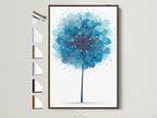 Explore frame options for the blue dandelion artwork. The brown frame is displayed prominently. Other frame styles are visible on the side. Discover the perfect frame to complement your modern home decor.