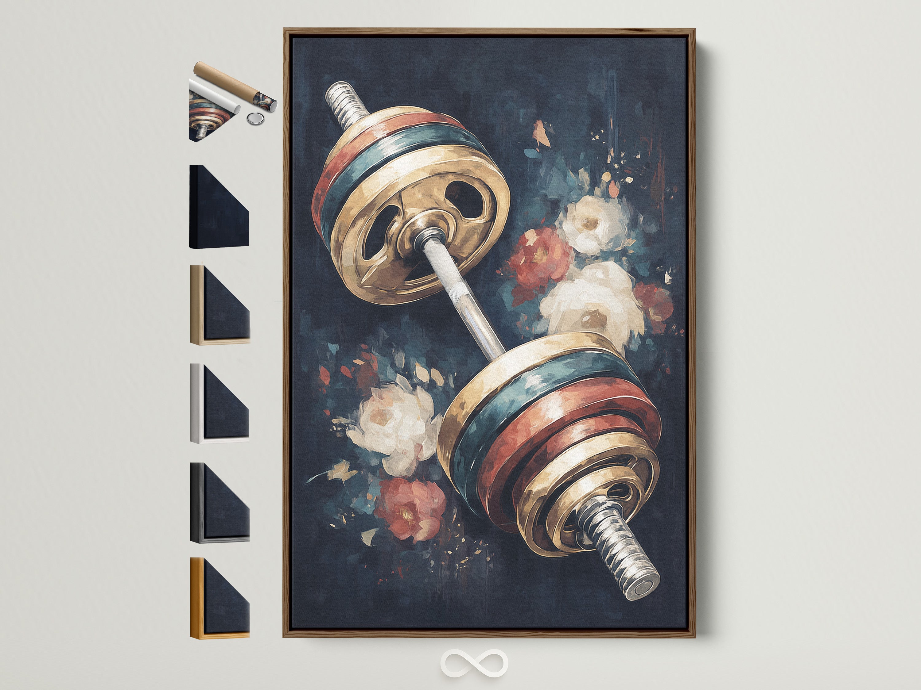 Vintage barbell art print with a brown frame. This floral fitness wall art is perfect for a home workout room. See all frame options to customize your gym canvas print.