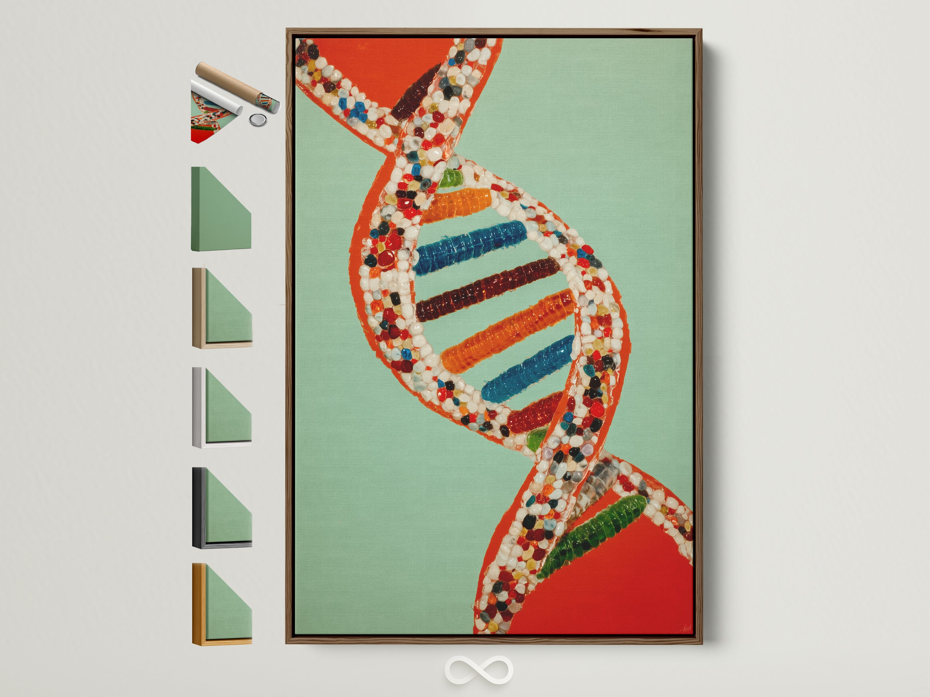 DNA Molecule artwork in a Brown Frame. The artwork features a colorful genetic code against a turquoise backdrop. Frame options are displayed beside it. Perfect science art for office biology decor or a unique science gift