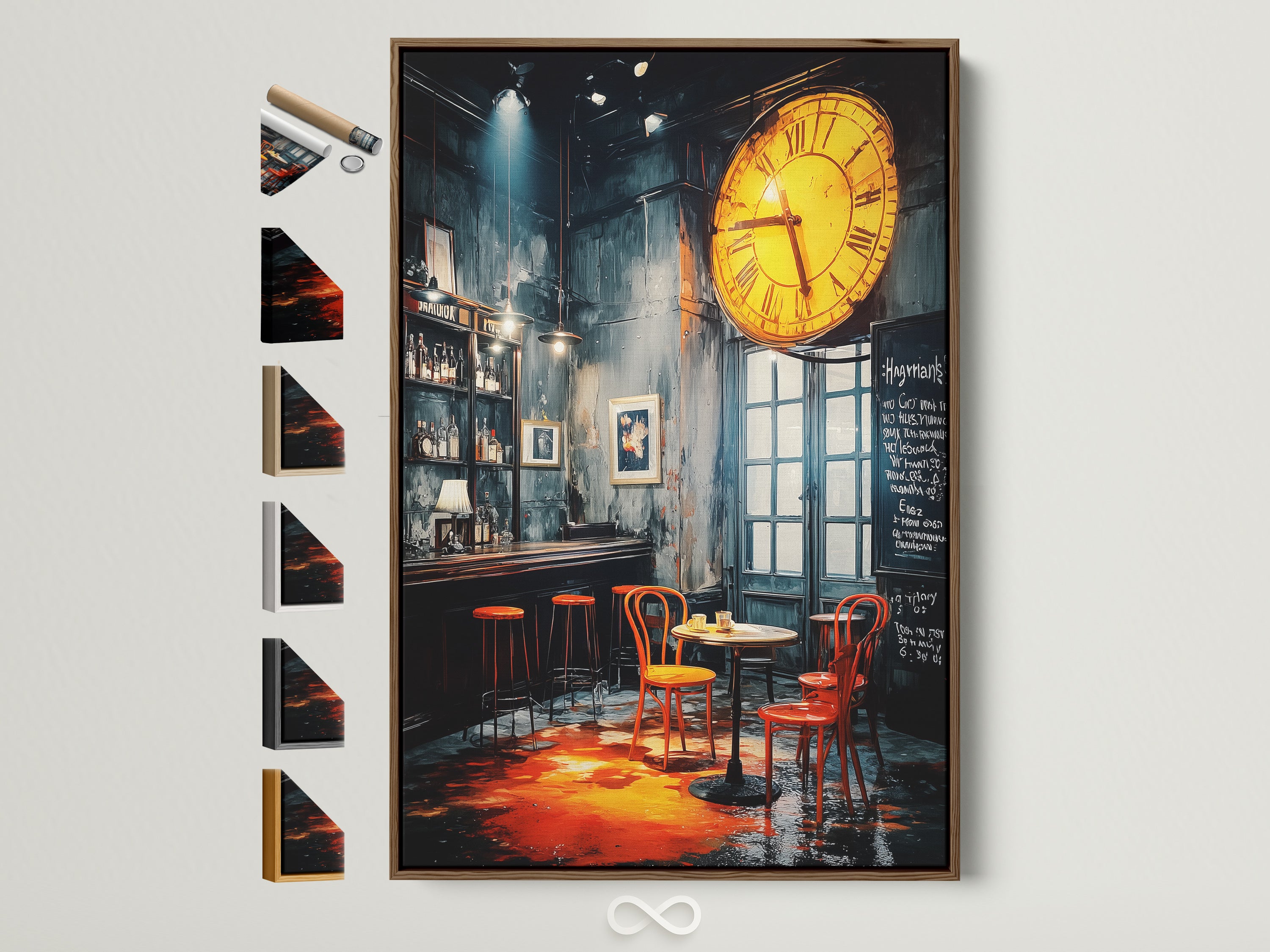 Vintage Bar Canvas Print with a brown frame. This moody restaurant wall art features an orange and teal color scheme. See all frame options available on the side. Elevate your dining decor with this captivating artwork.