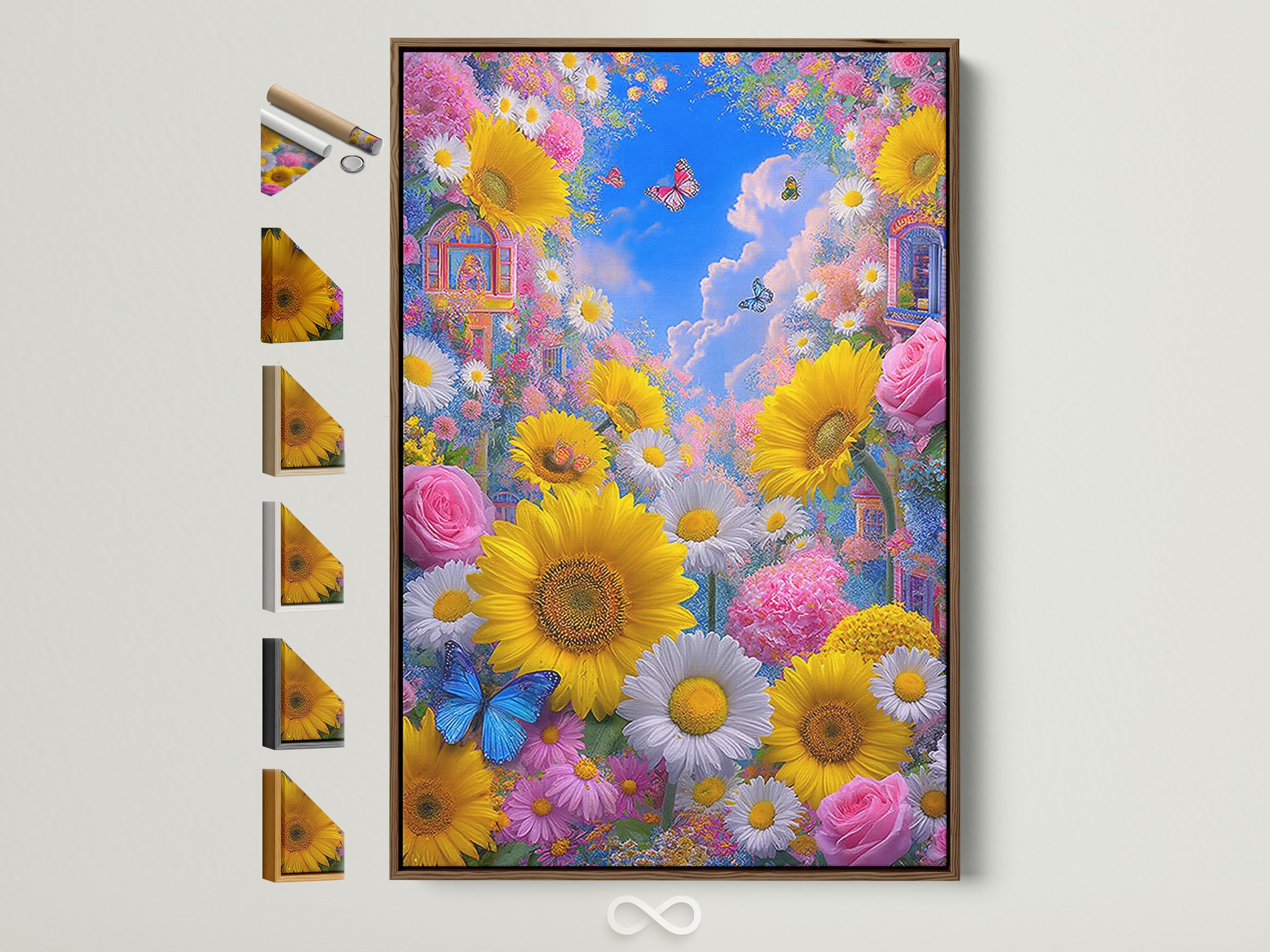 Sunflower Garden artwork with a brown frame. The artwork features sunflowers daisies roses and butterflies. This floral wall art brings a colorful botanical touch to any room. Perfect for adding summer flowers art to your home decor framed in a warm brown tone. All frame options are displayed on the side.