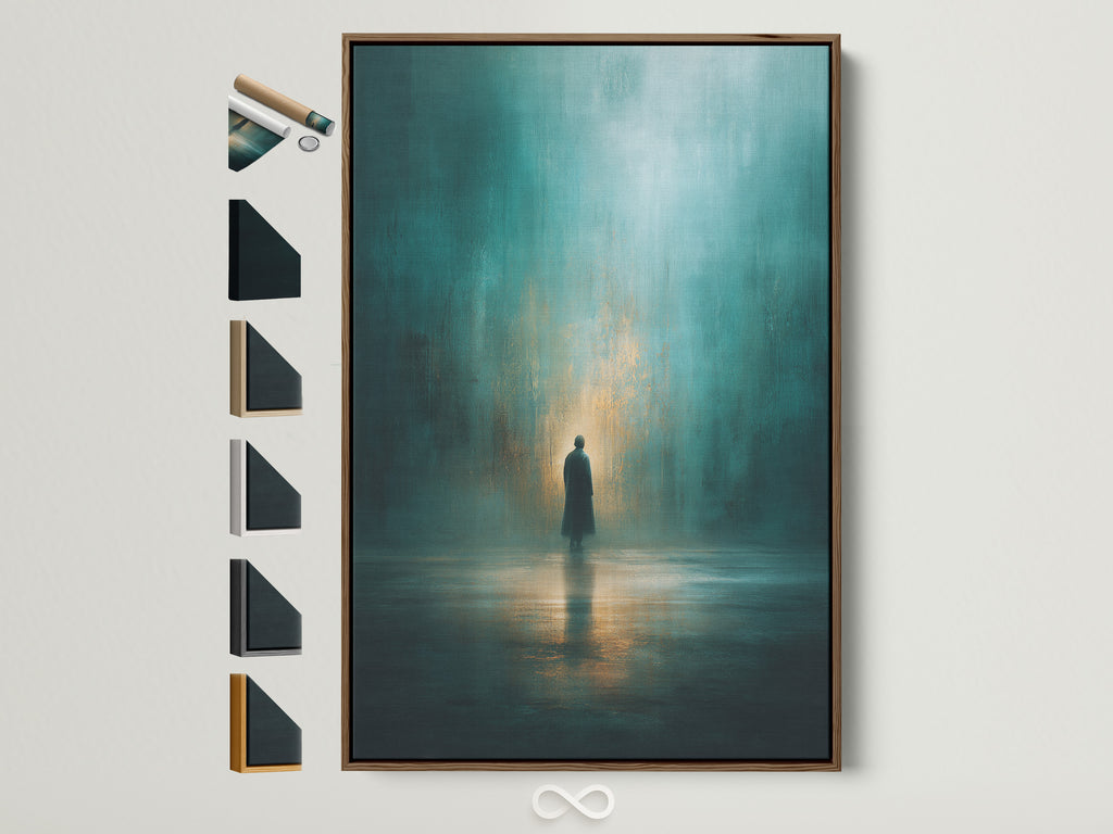 A framed art print hangs on a wall. The frame is brown. Various framing options are displayed on the side. Enhance your living space with unique framed artwork. Find the perfect frame to complement your style