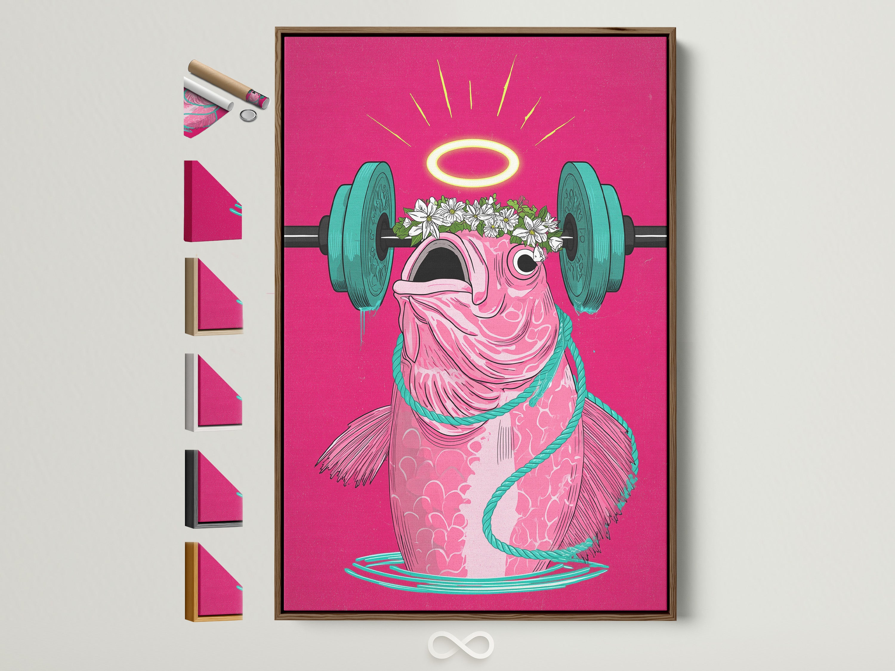 Contemporary Workout Fish Art Print in a brown frame. This funny gym wall art features a pink fish lifting weights. Discover motivational canvas prints perfect for home gym decor and unique fitness wall art.