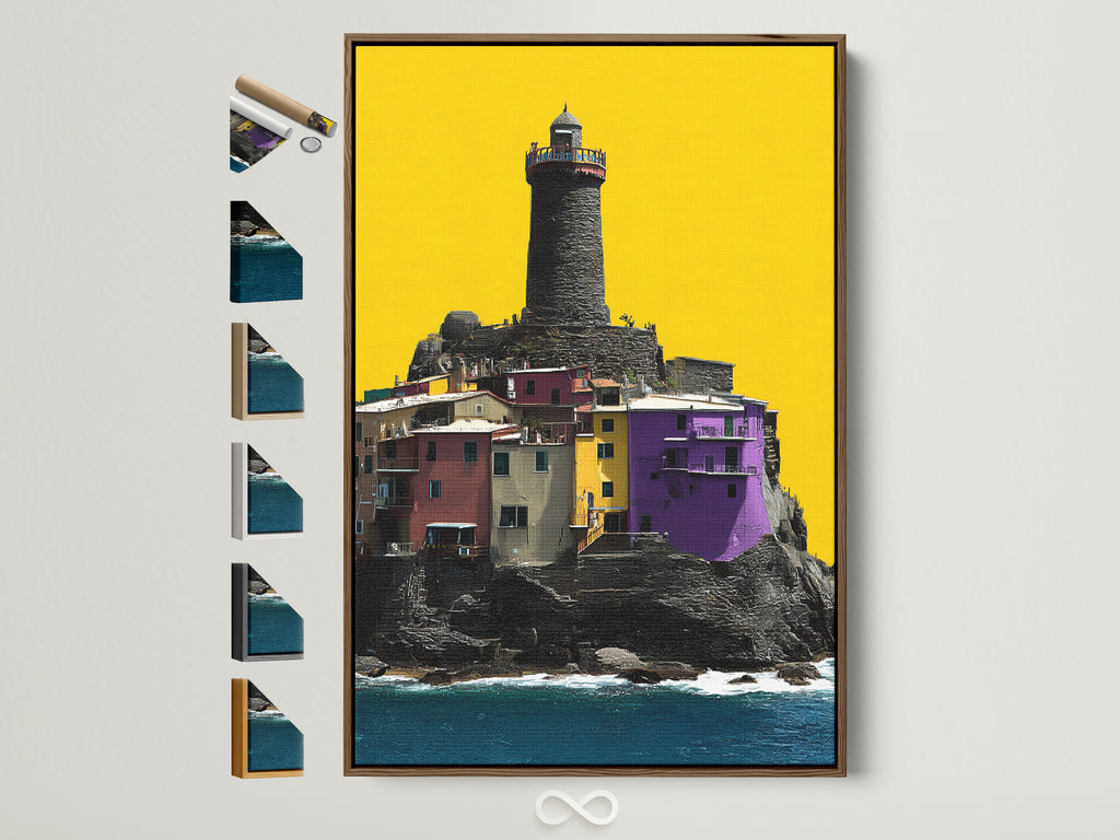 Coastal Lighthouse canvas artwork in a brown frame. The artwork features a colorful village on a rocky cliff with a lighthouse overlooking the sea. Frame options are displayed. Perfect coastal art for any room.