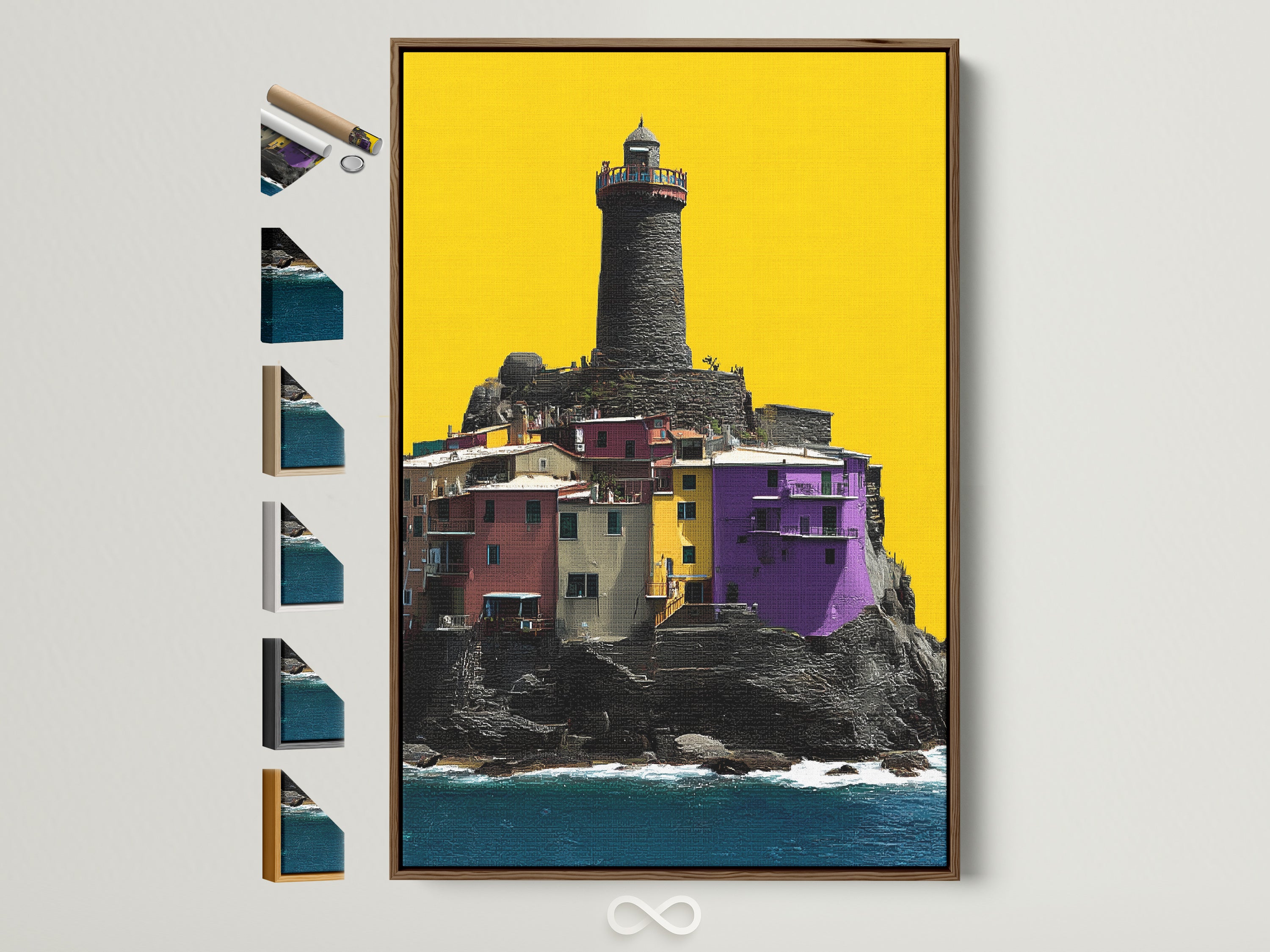 Coastal Lighthouse canvas artwork in a brown frame. The artwork features a colorful village on a rocky cliff with a lighthouse overlooking the sea. Frame options are displayed. Perfect coastal art for any room.