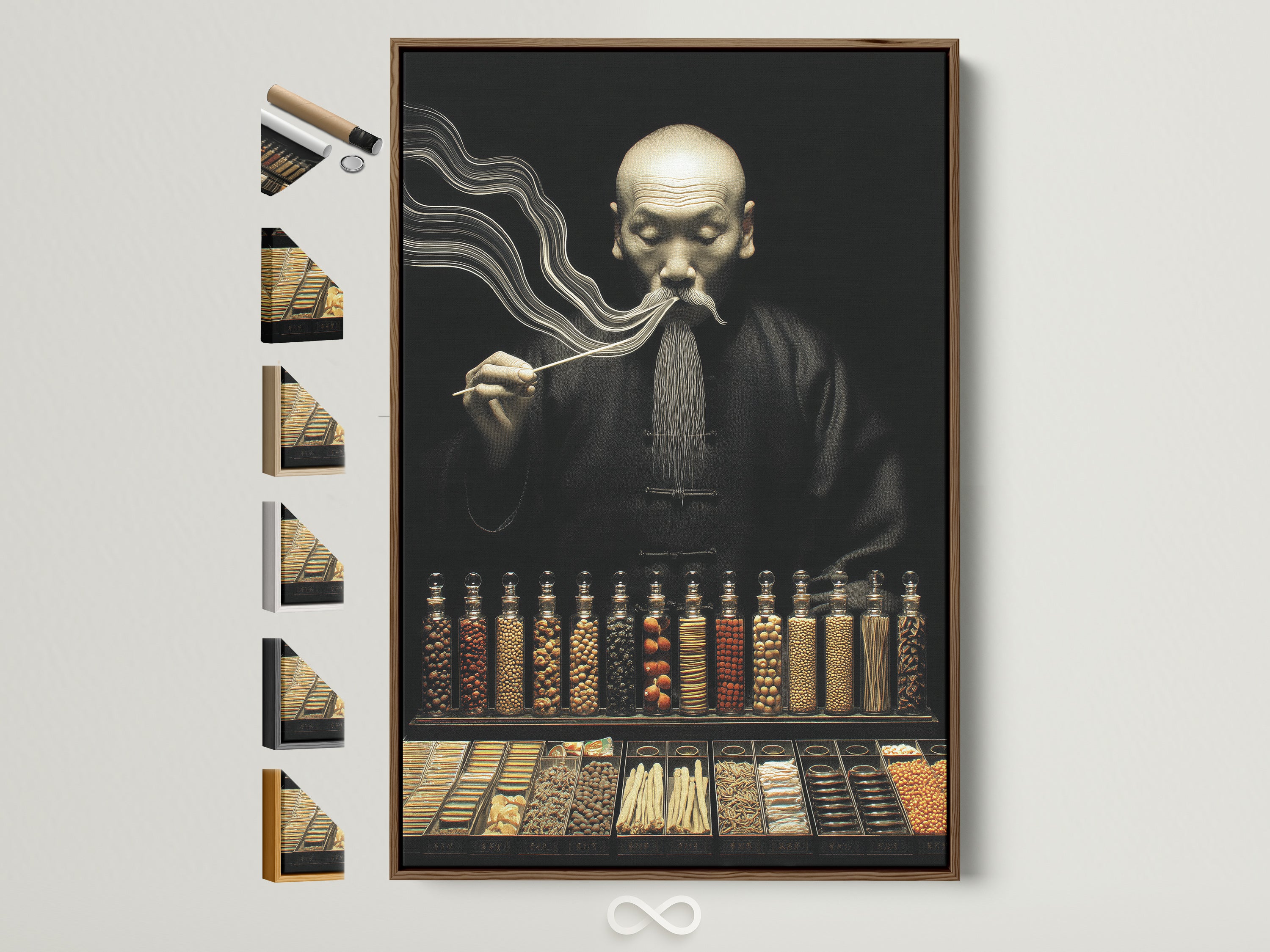 Apothecary Asian artwork with a brown frame. See all frame options available. This vintage-style piece adds character to any room. Ideal for medical offices pharmacies or homes. Discover the perfect frame to complement this unique herbalist decor. Elevate your space with this oriental wall art.