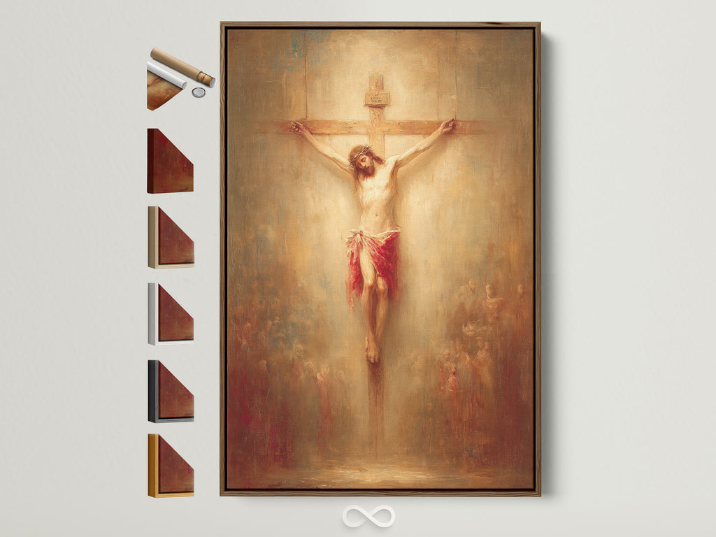 Artwork of Jesus Christ on the cross is beautifully displayed within a brown frame. This frame option showcases the art piece elegantly. Discover various frame choices to perfectly complement your artwork. Each frame enhances the visual appeal and adds a touch of sophistication to any room.