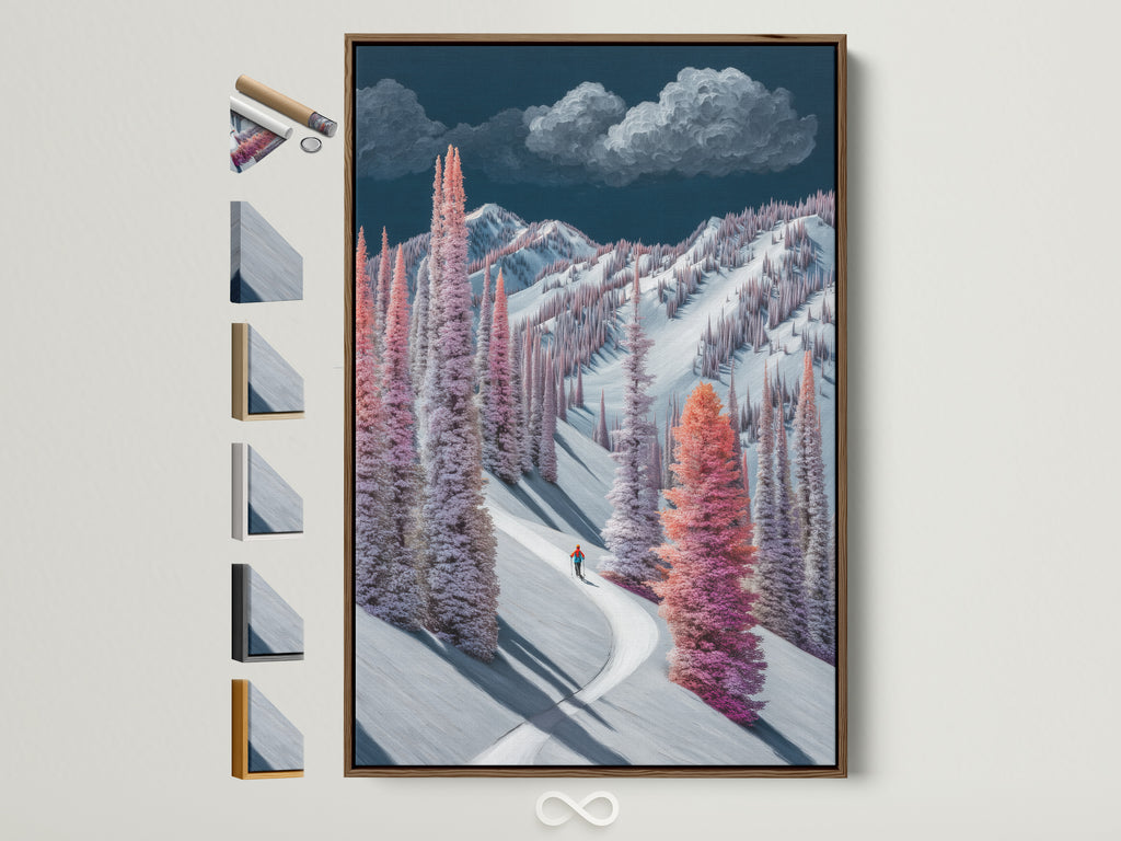 Winter Mountain Canvas Print in a brown frame. This artwork features a snowy trees wall art. It's a pastel landscape painting perfect for home decor. Frame options are displayed. Enhance your space with this beautiful piece