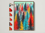 Colorful forest artwork in a brown frame. This abstract tree wall art brings a modern woodland touch to any room. See all frame options available for this nature print. Perfect for adding scandi decor to your home. The red turquoise and black trees create a vibrant focal point. This tree canvas enhances bedroom art and wall decoration.