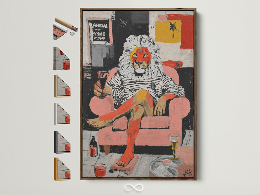 A contemporary animal artwork featuring a lion in a striped shirt relaxing in a pink chair. The art is displayed in a brown frame. See all available frame options for this unique wall art. Perfect for modern home office decor. Red and Black are the primary colors.
