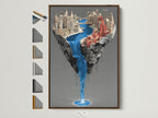 A surreal city waterfall artwork is displayed in a brown frame. Various frame options are showcased beside it. This contemporary urban wall art transforms any modern office decor. It adds a touch of fantasy to architectural aesthetics. The floating island canvas print captures imagination with its unique style.