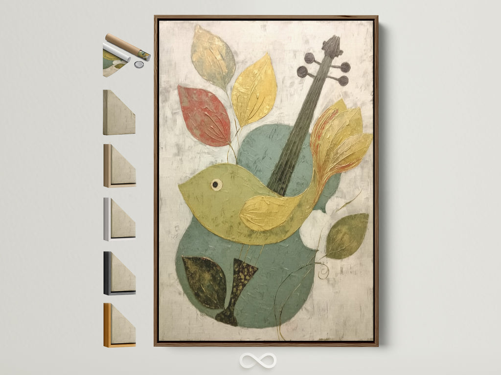 A brown frame displays the Bird and Violin Canvas Print. This abstract musical wall art brings a whimsical touch. Perfect for music room decor. See all frame options available. Enhance your space with this unique artwork.