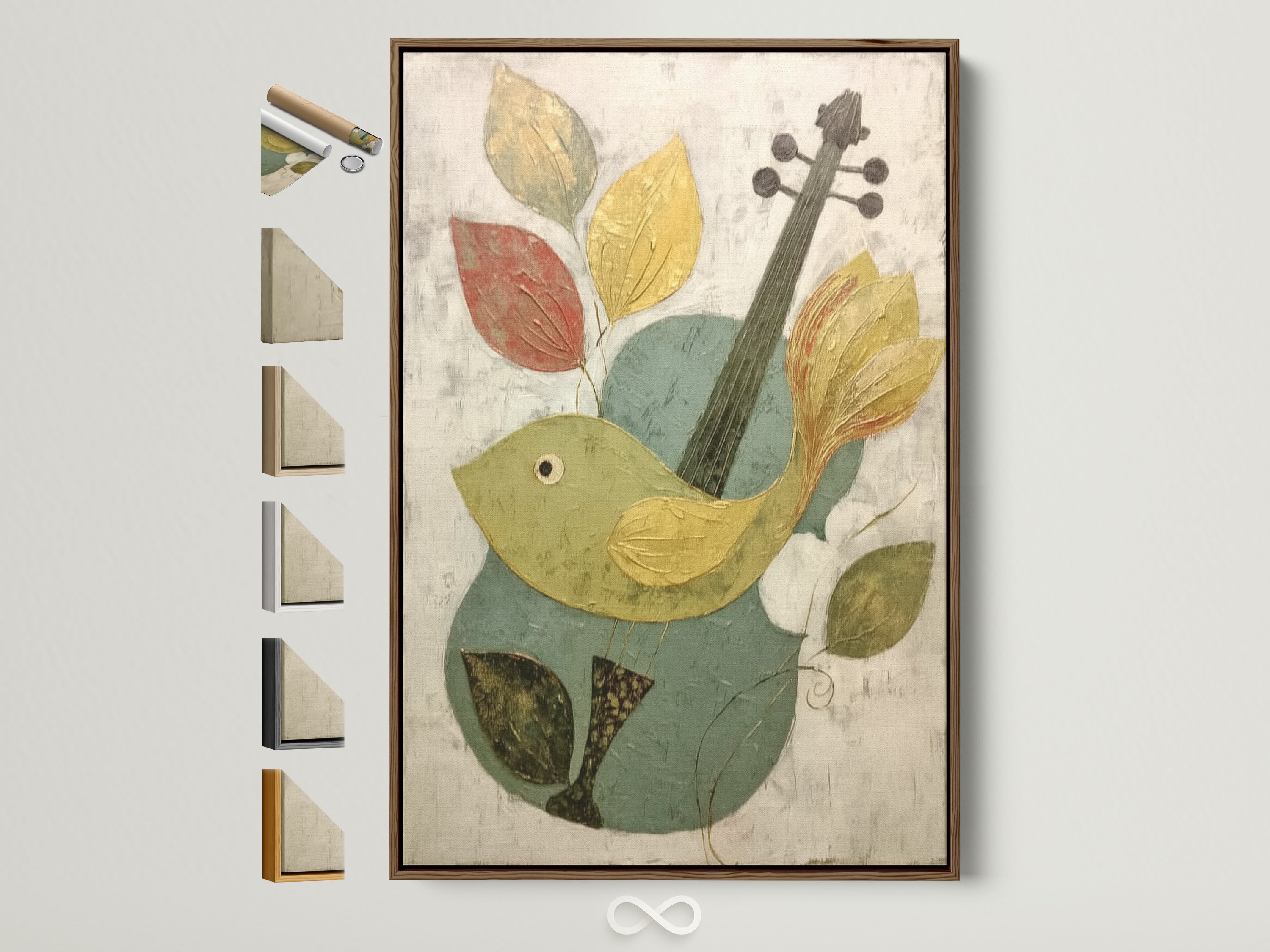 A brown frame displays the Bird and Violin Canvas Print. This abstract musical wall art brings a whimsical touch. Perfect for music room decor. See all frame options available. Enhance your space with this unique artwork.