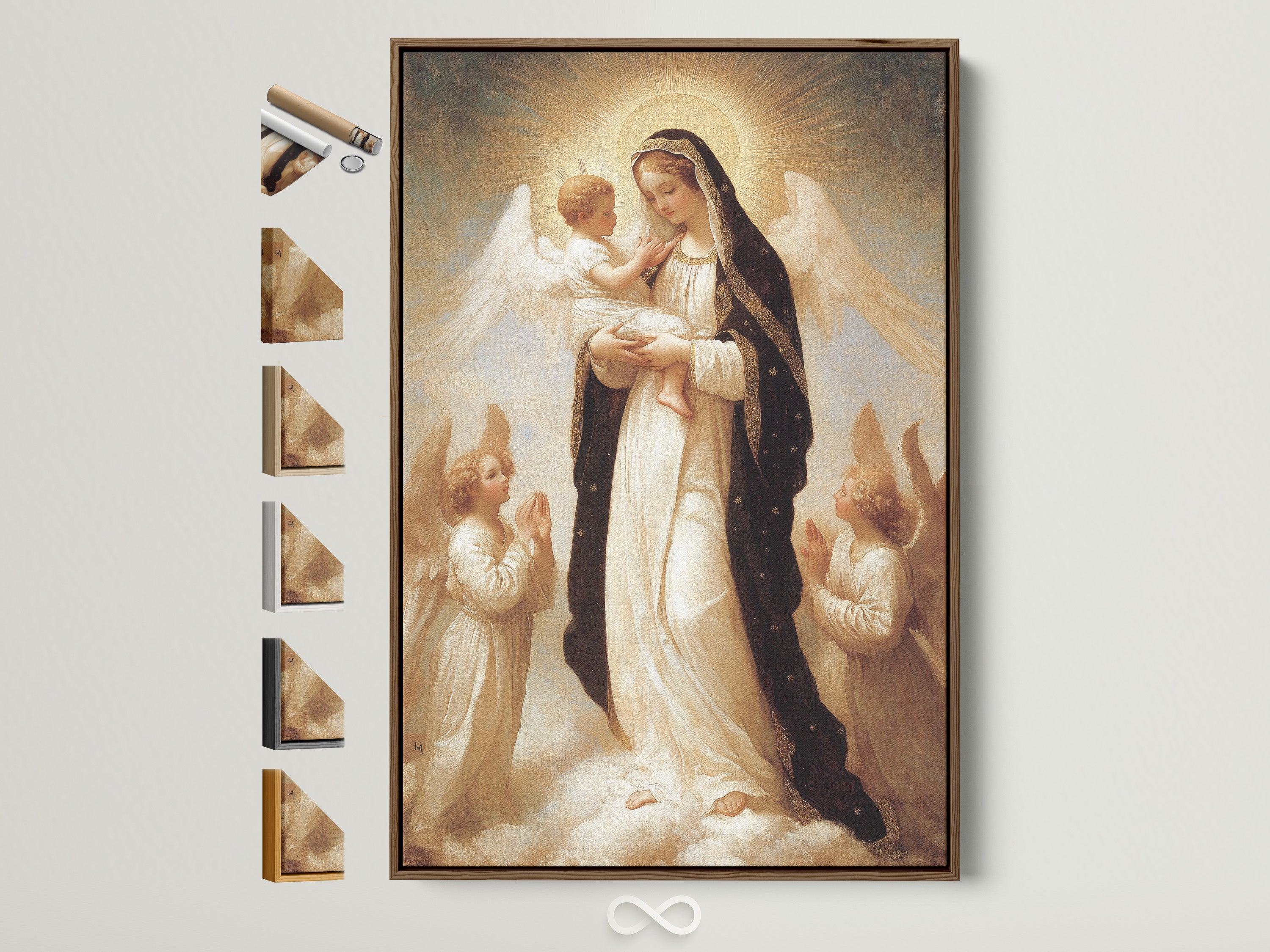 Artwork featuring a religious scene with the Virgin Mary holding baby Jesus. Angels surround them in a heavenly setting. The art is displayed in a brown frame. Frame options are visible on the side.