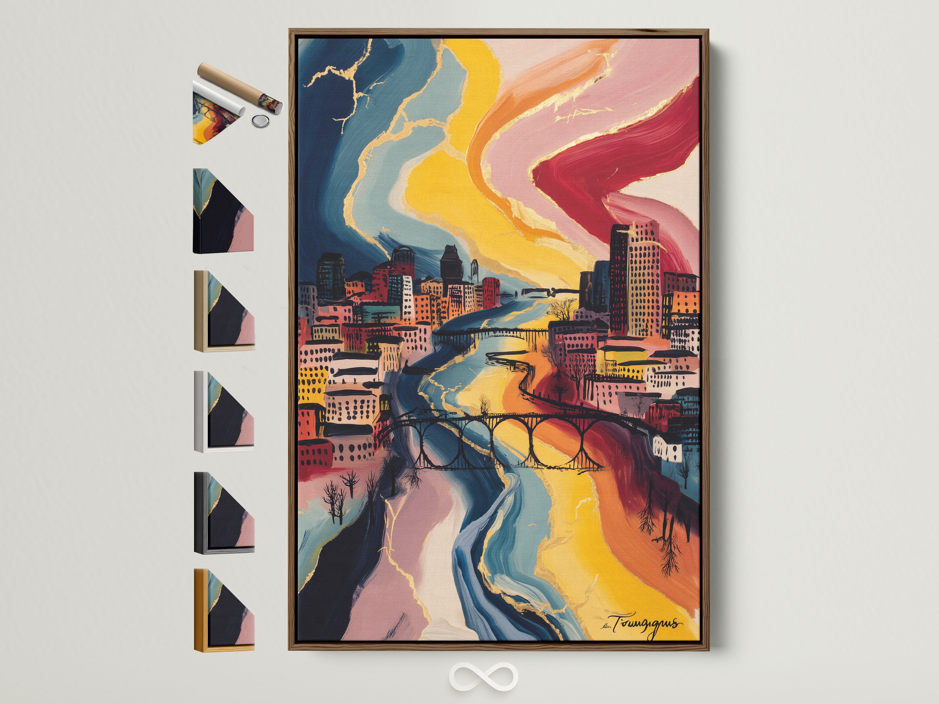 Elevate your space with our cityscape artwork. This urban canvas print features a colorful skyline. It is framed in a natural brown frame. Explore all our frame options to customize your modern wall art. Find the perfect piece for your office decor.