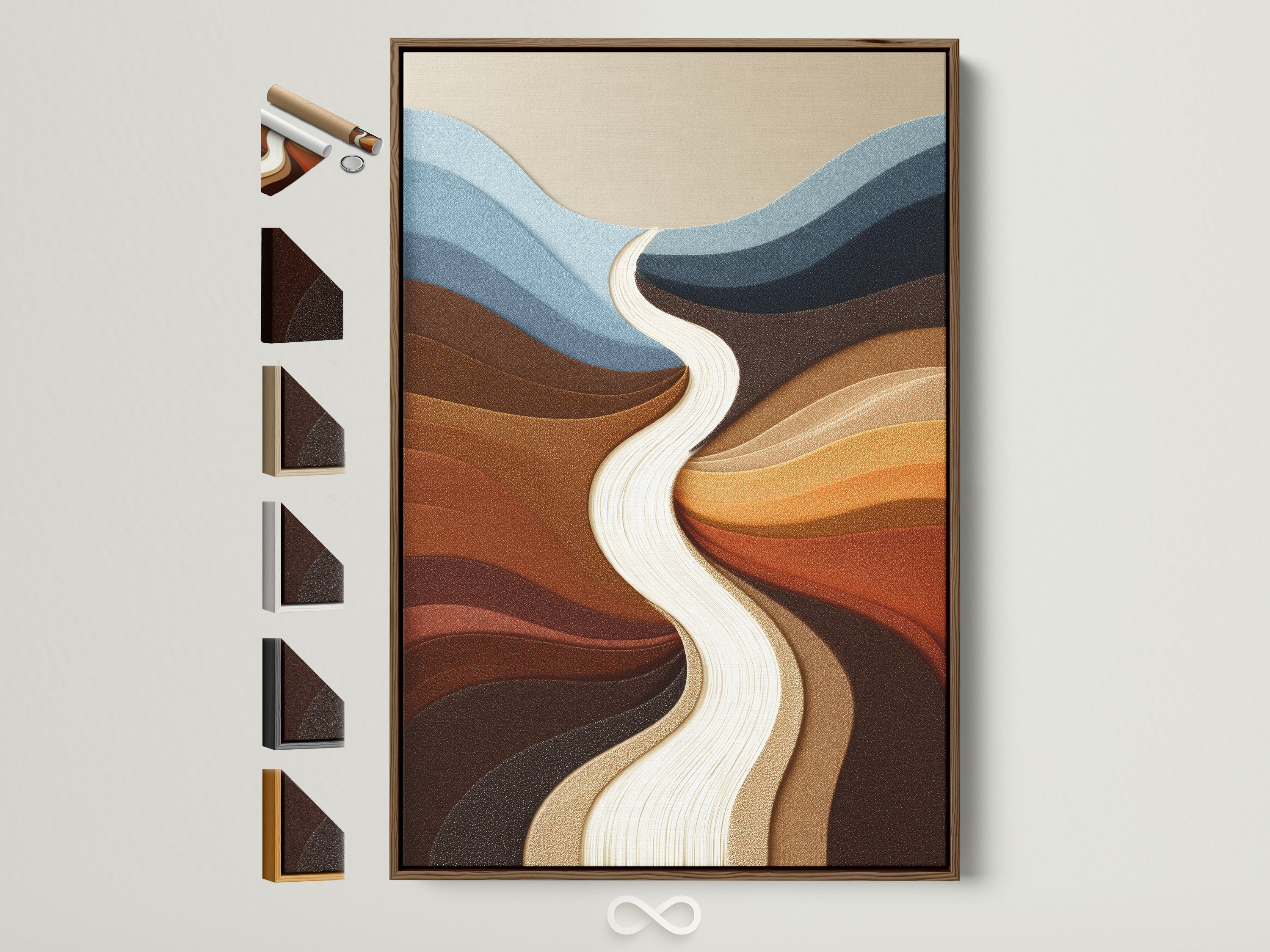 Abstract River Artwork with a brown frame is displayed on a neutral wall. Various frame options are showcased. This modern landscape art features earthy tones. Perfect for minimalist or bohemian decor. Enhance your living room or bedroom with this piece. View available frame styles.