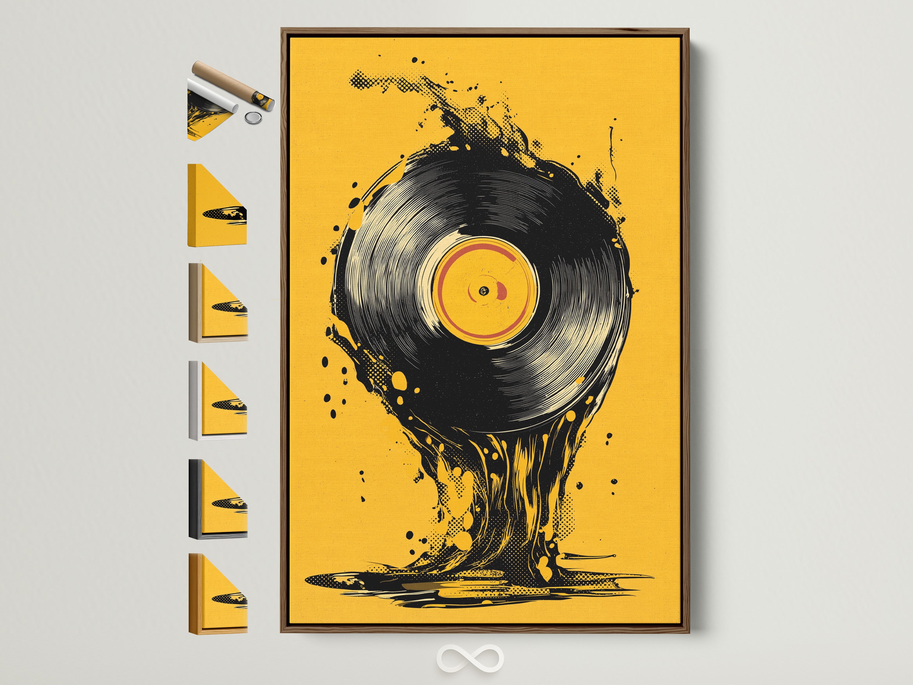 Artwork of a vinyl record in a brown frame is displayed. Various frame options are showcased on the side. Find the perfect frame to complement your unique style. Elevate your living space with framed art that reflects your personality.