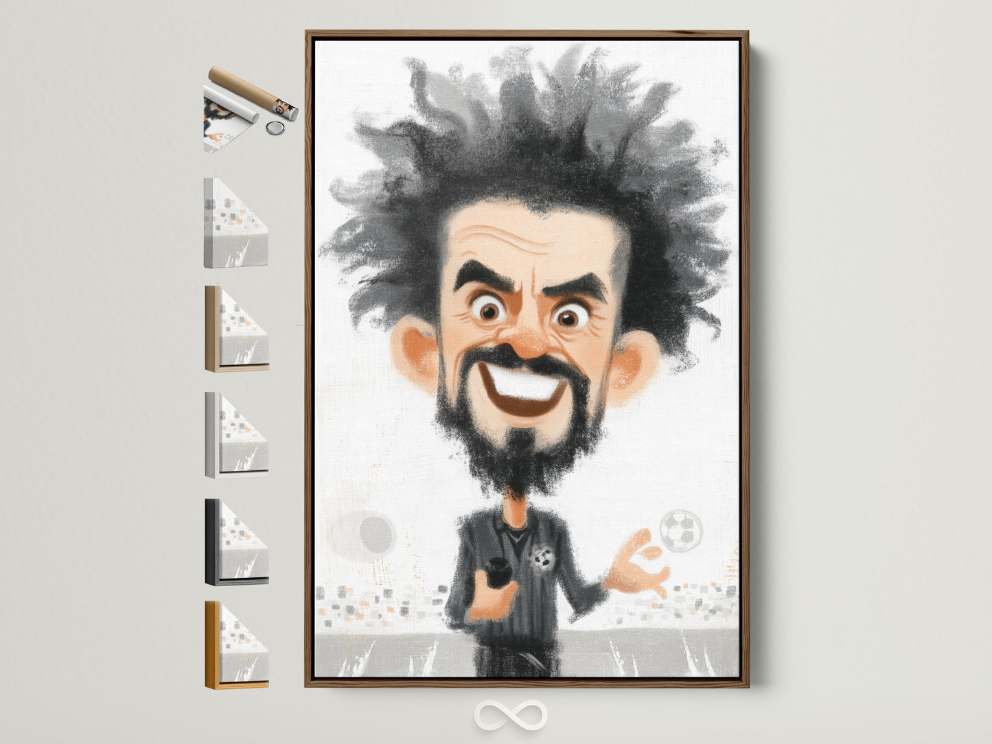 A framed soccer coach caricature art print is displayed with various frame options. It showcases a whimsical sports artwork perfect for a sports fan. Consider this cartoon canvas print as a unique gift for him.