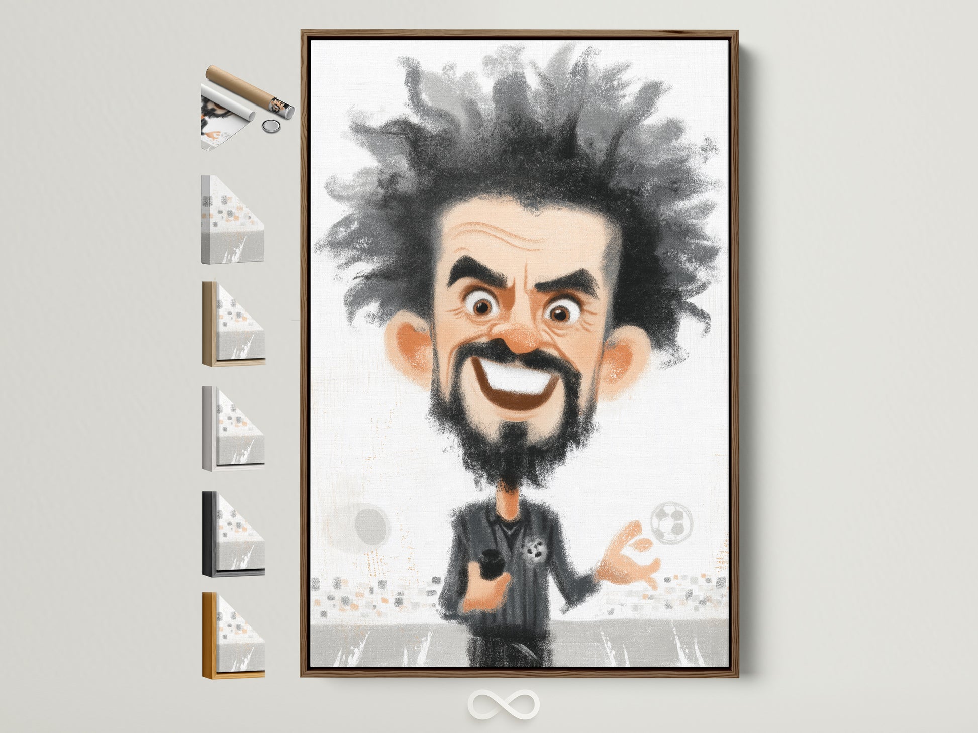 A framed soccer coach caricature art print is displayed with various frame options. It showcases a whimsical sports artwork perfect for a sports fan. Consider this cartoon canvas print as a unique gift for him.