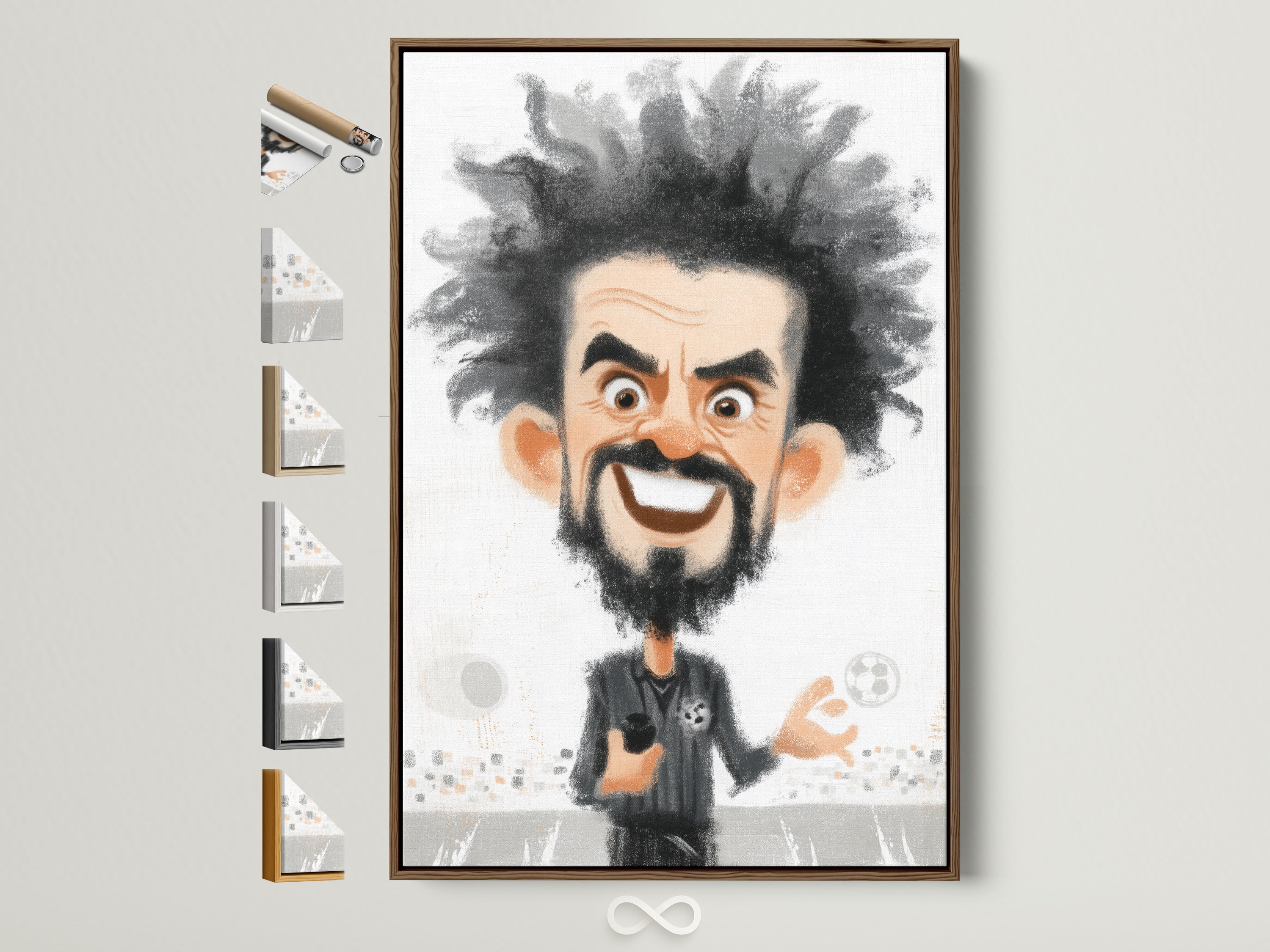 A framed soccer coach caricature art print is displayed with various frame options. It showcases a whimsical sports artwork perfect for a sports fan. Consider this cartoon canvas print as a unique gift for him.