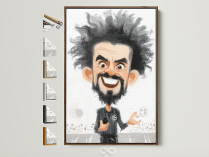 A framed soccer coach caricature art print is displayed with various frame options. It showcases a whimsical sports artwork perfect for a sports fan. Consider this cartoon canvas print as a unique gift for him.