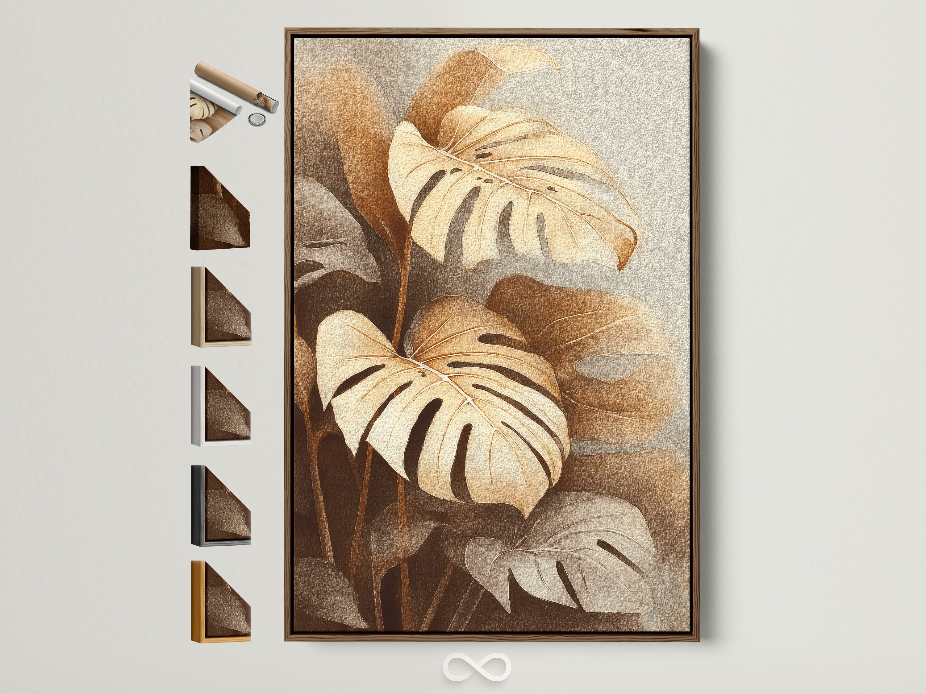 Monstera plant artwork in a brown frame. All frame options are displayed on the side. This botanical print adds a touch of nature to any room. The warm neutral tones complement modern and boho decor. It is perfect for living rooms bedrooms and entryways.