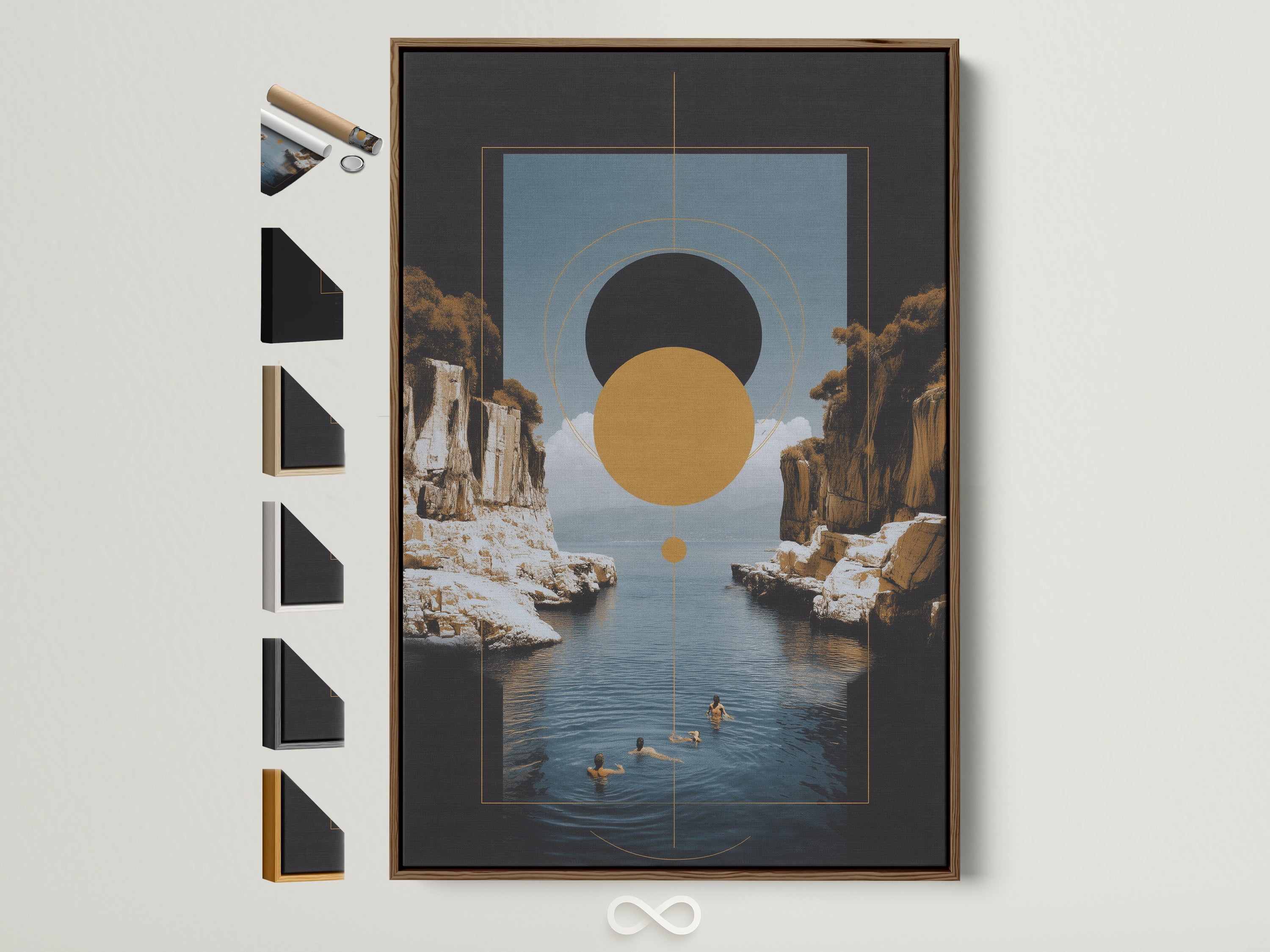 Geometric Seascape artwork with a brown frame. This modern wall art features abstract coastal elements and earth tones. The frame options are displayed on the side. Perfect for adding a touch of minimalist style to any room.
