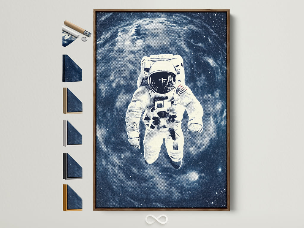 A captivating astronaut space artwork print is displayed in a brown frame. This wall art showcases a blue galaxy backdrop. Frame options are arranged beside it. Perfect for homeowners and interior designers seeking contemporary art.