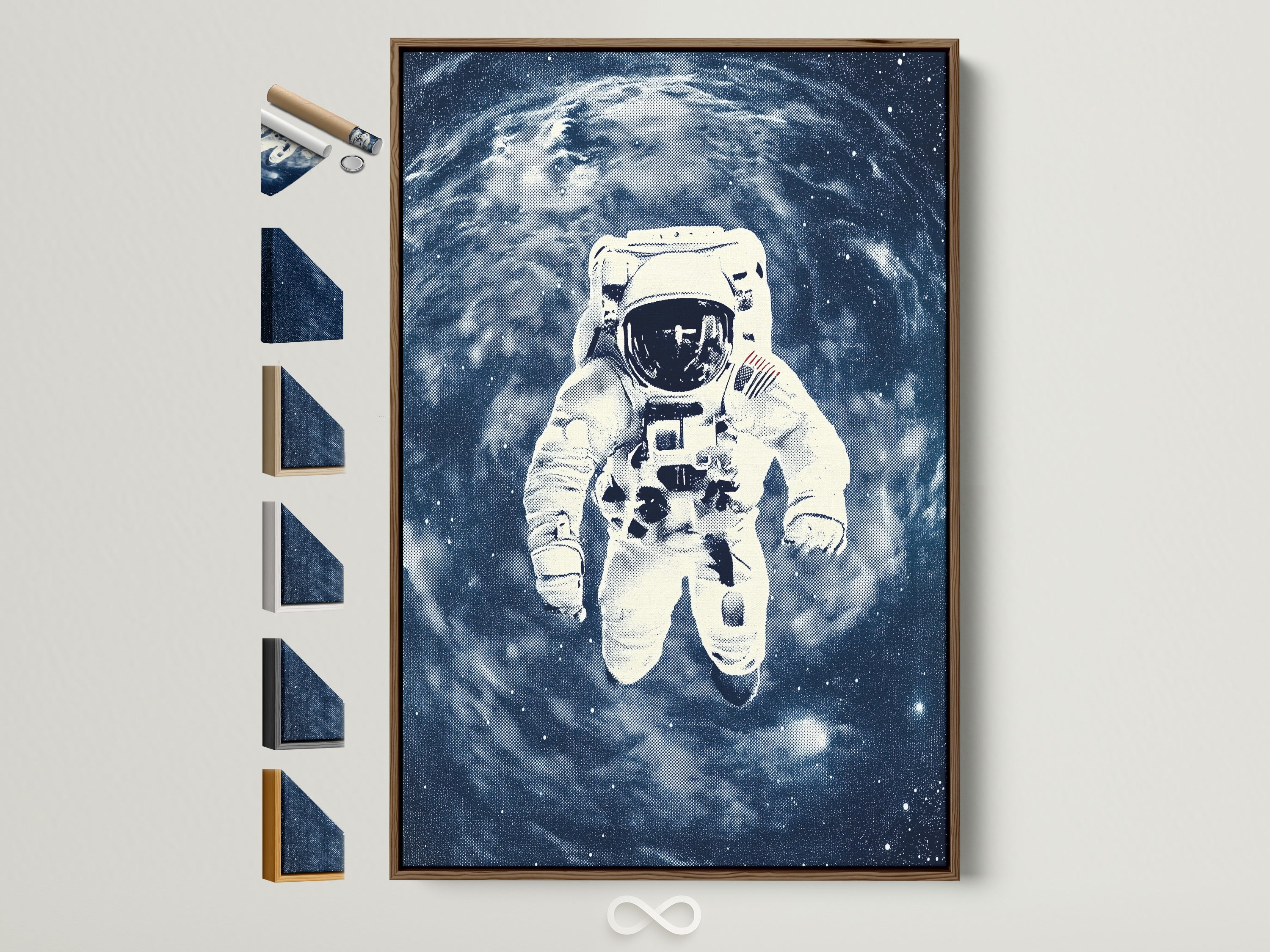 A captivating astronaut space artwork print is displayed in a brown frame. This wall art showcases a blue galaxy backdrop. Frame options are arranged beside it. Perfect for homeowners and interior designers seeking contemporary art.