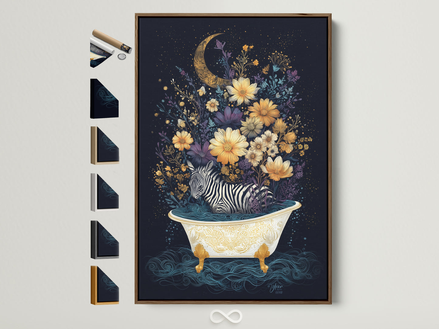 A zebra relaxes in a bathtub filled with blue water. Floral moon artwork is vibrant and colorful. The art is framed in a brown frame. See all frame options available for this whimsical animal artwork. Perfect for adding a touch of boho to your bathroom wall decor or nursery.