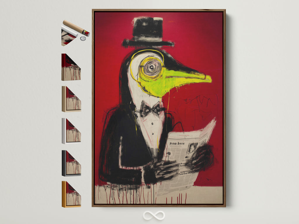 Surreal Bird Artwork Print in a brown frame. This quirky animal canvas wall art features a contemporary red abstract. Perfect office wall decor. Explore frame options on the side.