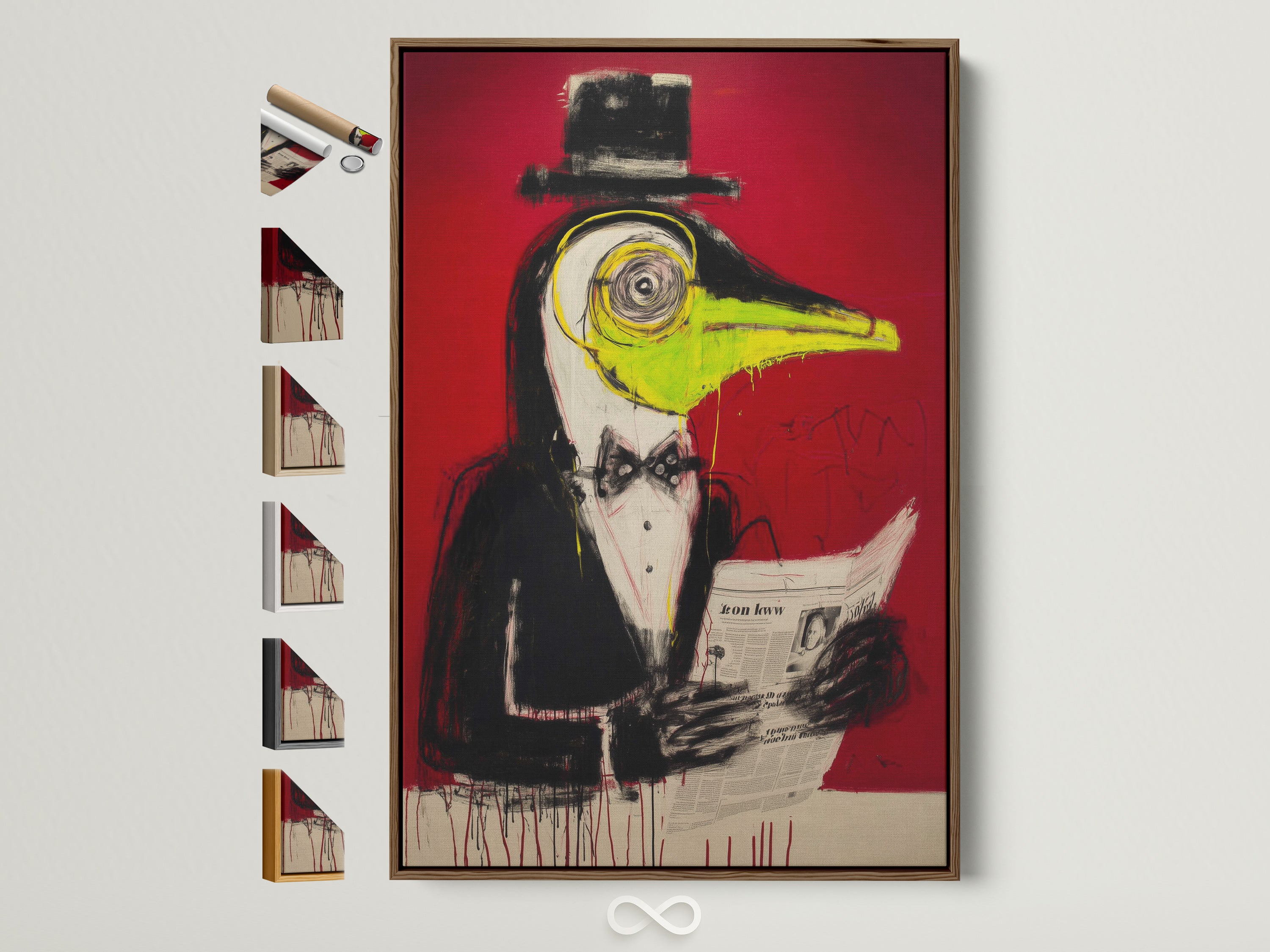 Surreal Bird Artwork Print in a brown frame. This quirky animal canvas wall art features a contemporary red abstract. Perfect office wall decor. Explore frame options on the side.
