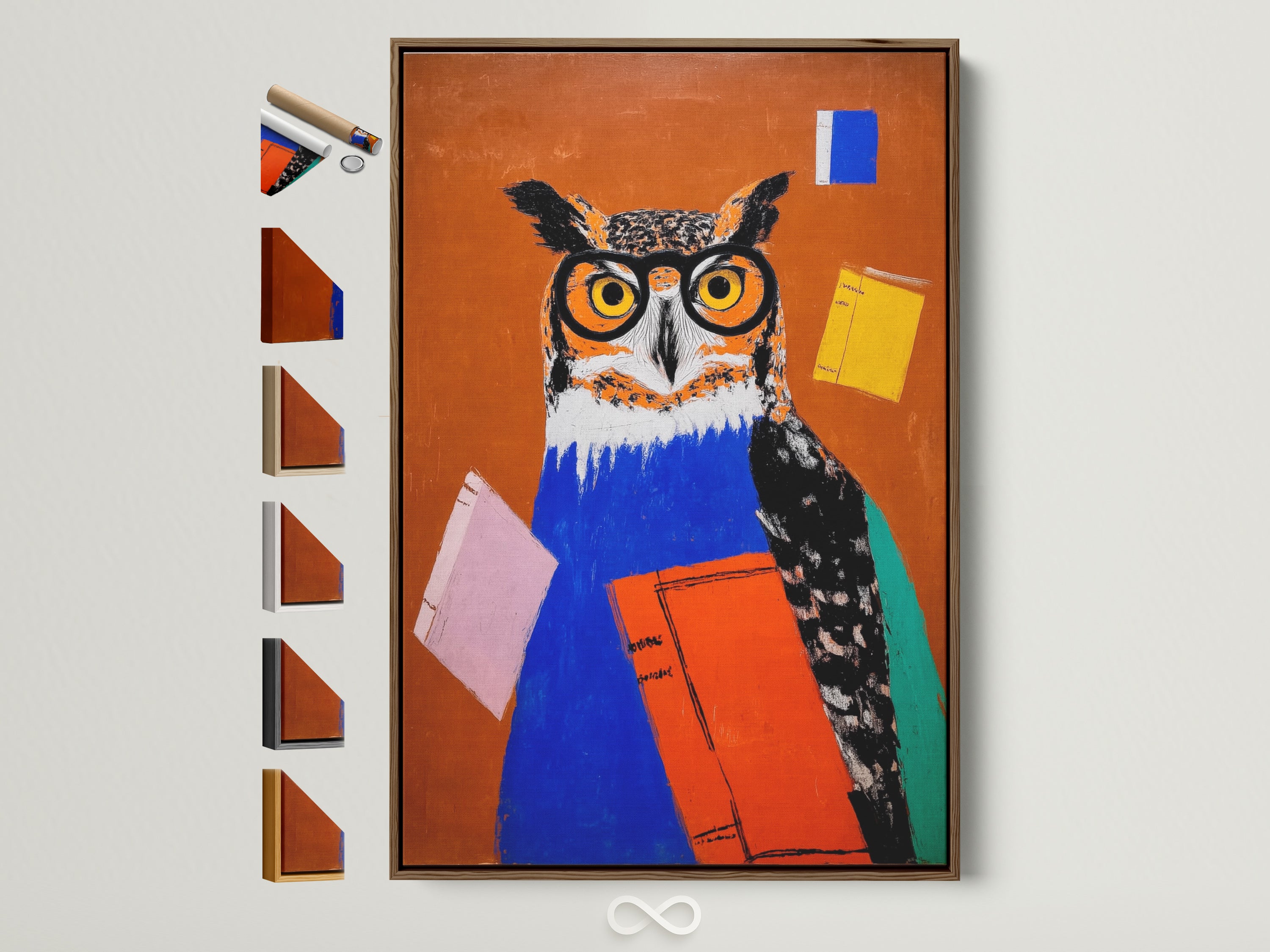 A brown frame displays the Owl with Books Art Print. See all frame options available. It's a whimsical teacher wall art. Notice the colorful bird canvas for study decor. This makes a great gift for professors. A perfect addition to classrooms and home offices.