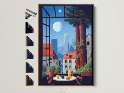 Framed cityscape window view artwork with a brown frame displayed on a white wall. See all available frame options for this San Francisco wall art. Perfect urban scene poster for dining area decor. Enhance your home with this cozy art piece.