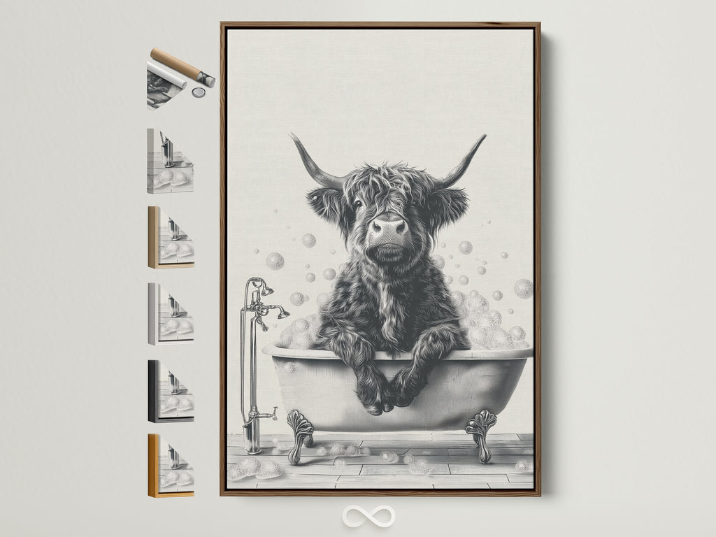 Highland Cow Canvas Print with a Brown Frame. Farm animal art adds a whimsical touch to bathroom wall decor. The Scottish cow is enjoying a bathtub surrounded by bubbles. This art creates a cozy farmhouse aesthetic. Perfect cow lover gift. It brings personality and charm to any room. 