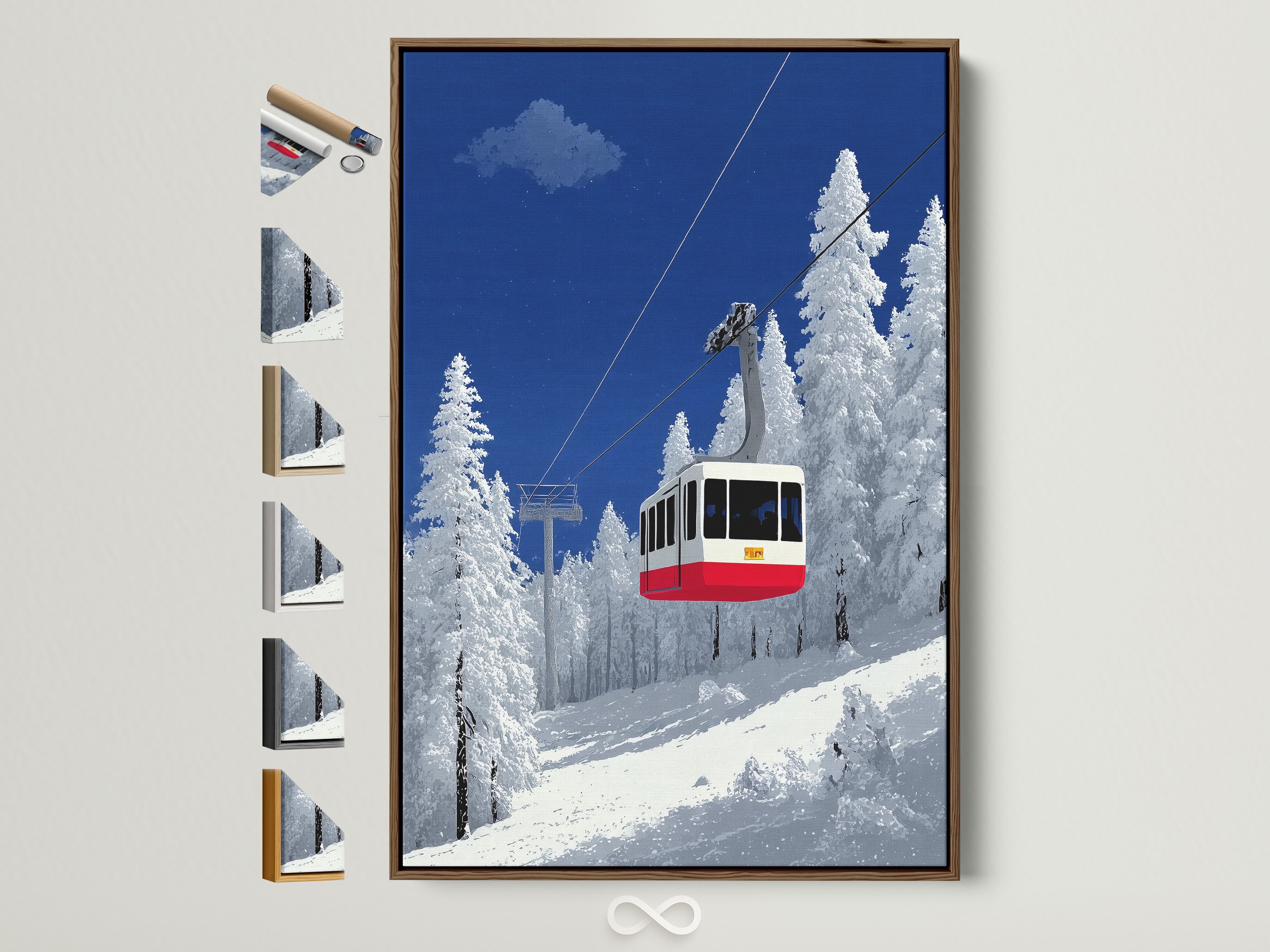 Brown frame showcasing various frame options. This ski lift artwork captures a winter mountain scene. It features an alpine cable car. The art is ideal for cabin decor. Snowy landscape art is perfect for adding a touch of winter to your space. It's great for homeowners and ski lodge decorators alike.