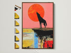 Explore frame options for the Wolf Moon Canvas Art. The abstract wildlife artwork is displayed in a brown frame. Various frame styles are showcased beside it. Discover the perfect frame to complement your colorful sunset print. Enhance your bedroom decor with this vibrant art piece.