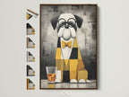 Dog with Bowtie artwork in a brown frame. The artwork features a dog with glasses and a bowtie. All frame options are displayed on the side. Perfect modern animal artwork for your home or office wall decor.