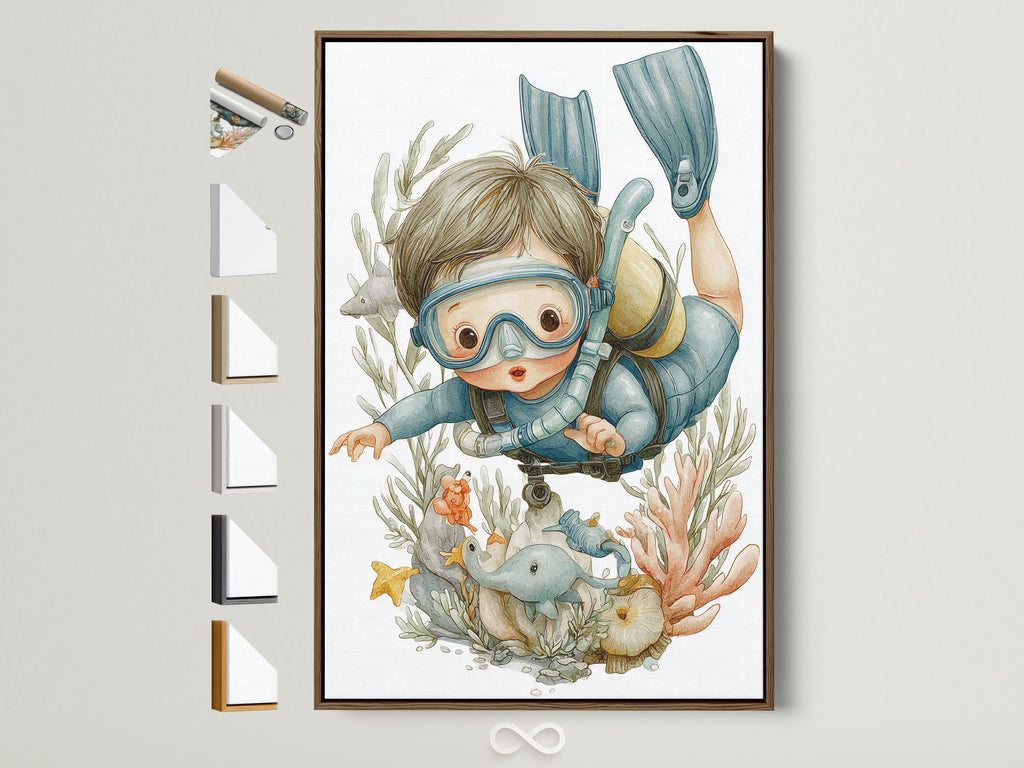 A charming scuba diving kids art print is displayed in a brown frame. See all available frame options for this underwater nursery wall art. Perfect ocean explorer canvas for a playroom decor upgrade. Bring the beauty of marine life into your child's space with this delightful artwork.