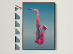 Explore framed Saxophone artwork options. See a pink Jazz music wall art piece in a brown frame. All available frame styles are displayed. Perfect for home office or studio decor. Elevate your space with modern instrument prints.